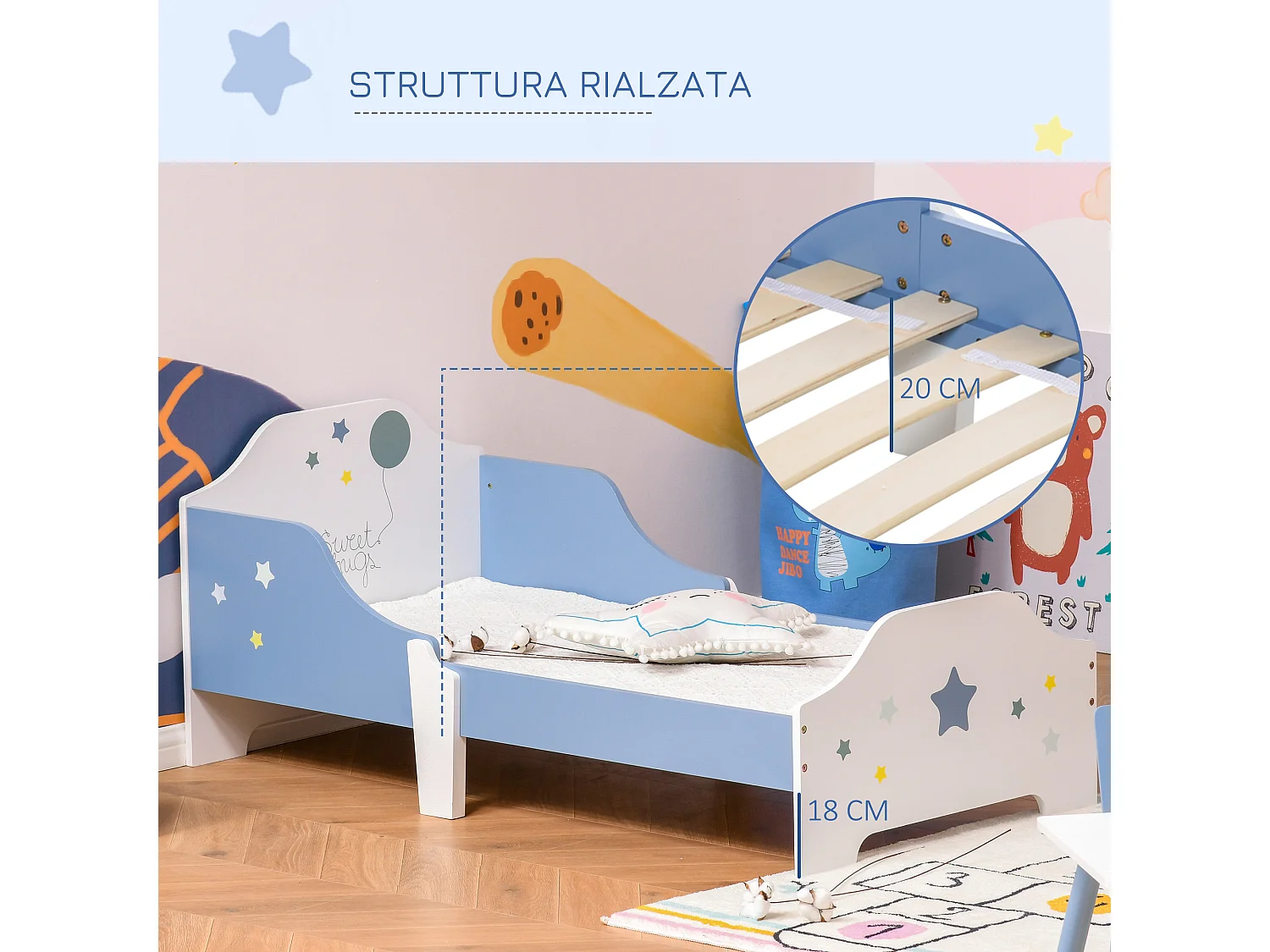 Letto basso per bambini 3+ anni con sponde lettino mdf blu bianco