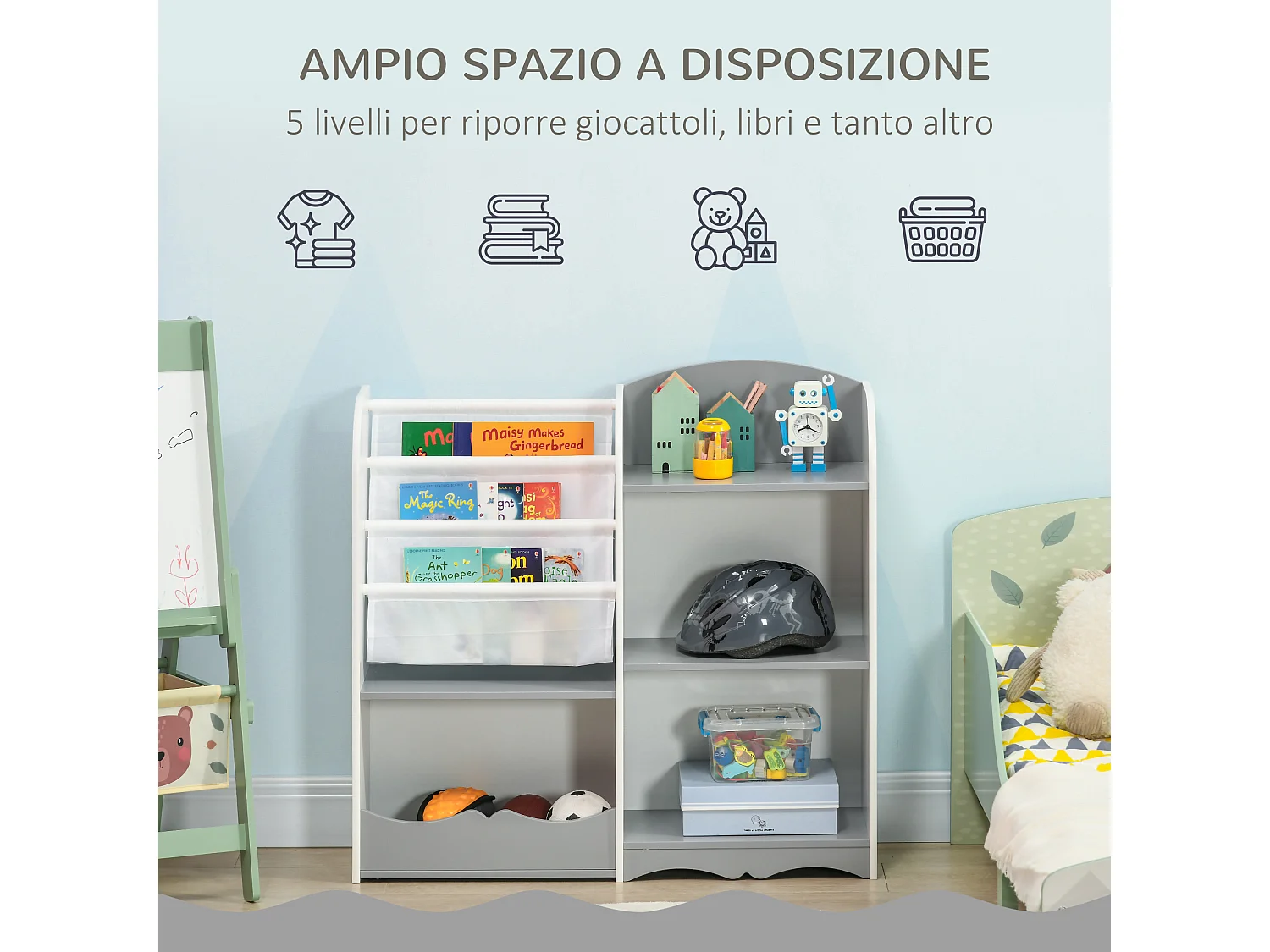 Scaffale portagiochi per bambini 85x26x84cm in legno grigio