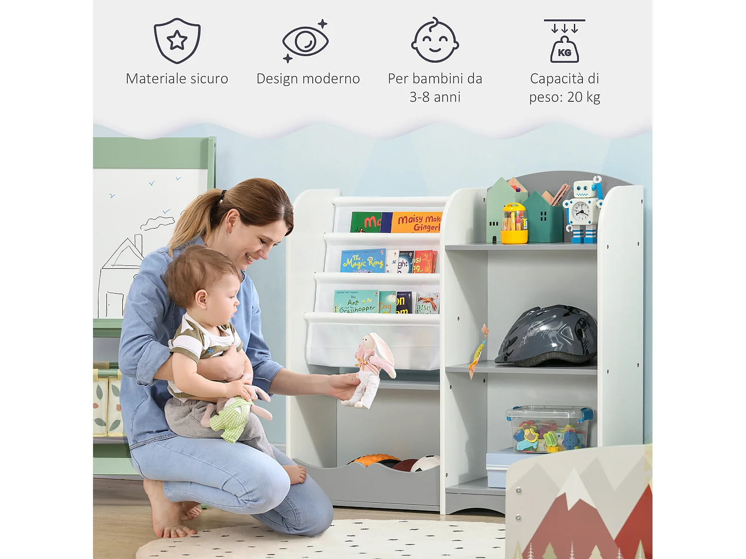 Scaffale portagiochi per bambini 85x26x84cm in legno grigio