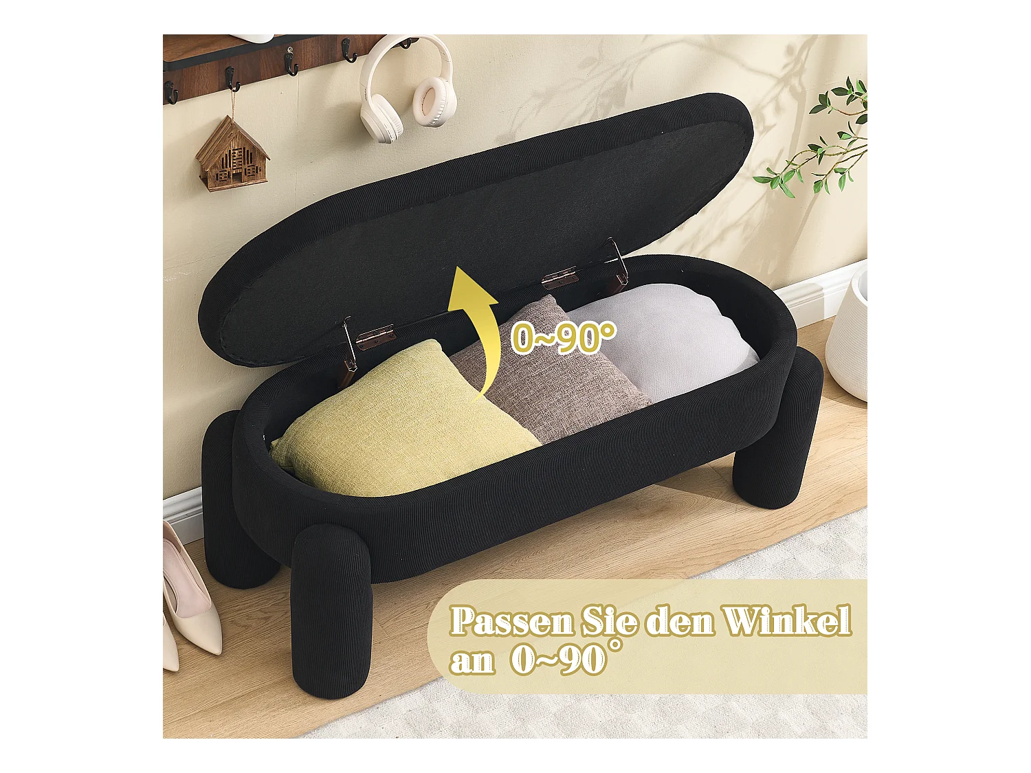 Pouf de Rangement - Banc Coffre en Velours Côtelé Noir - Style Contemporain et Multifonction pour Chambre et Salon