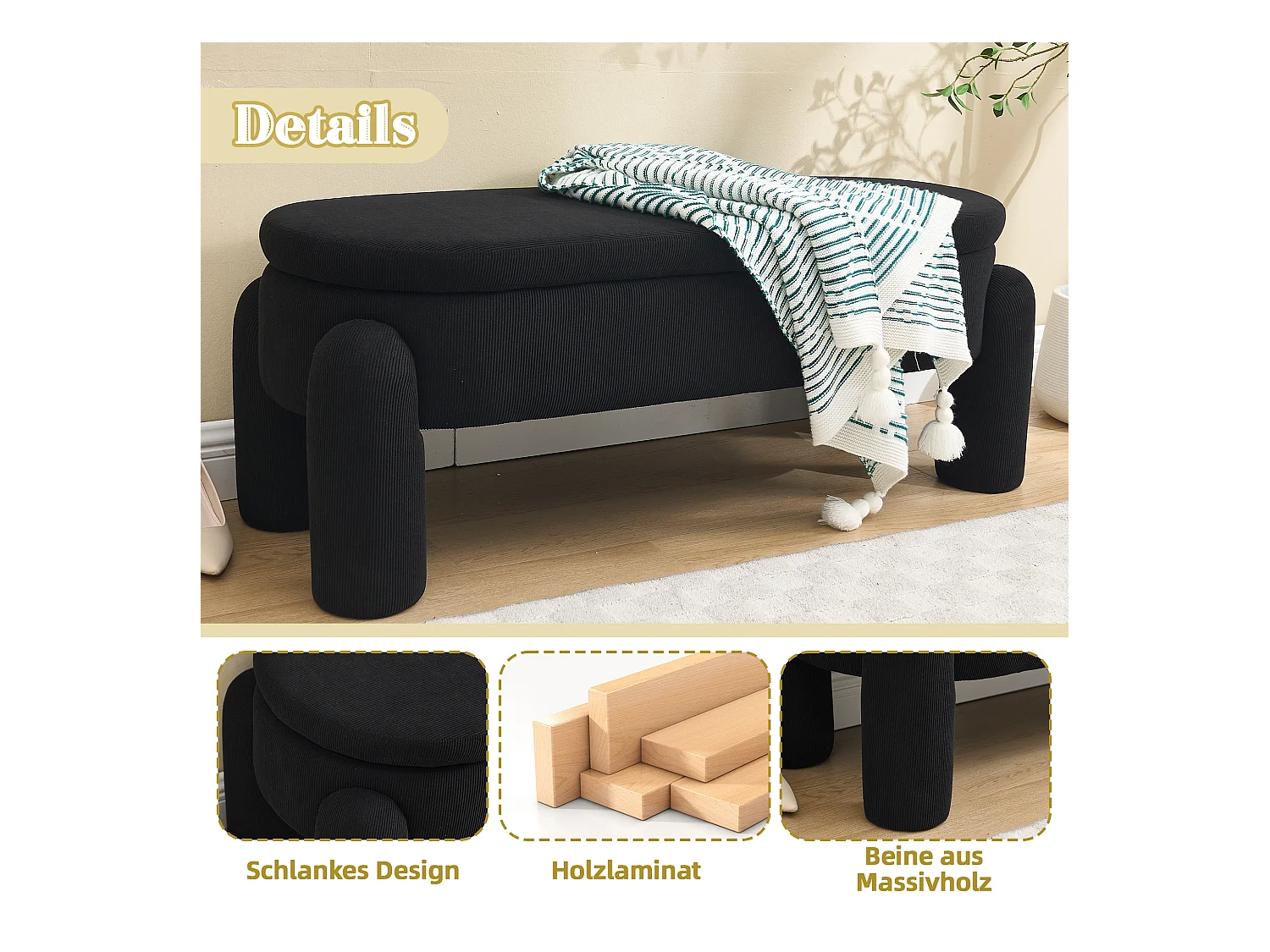 Pouf de Rangement - Banc Coffre en Velours Côtelé Noir - Style Contemporain et Multifonction pour Chambre et Salon