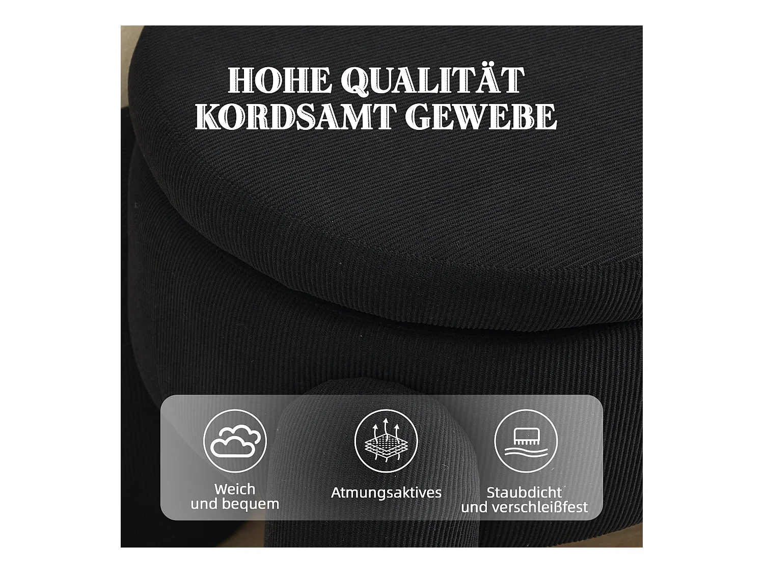 Pouf de Rangement - Banc Coffre en Velours Côtelé Noir - Style Contemporain et Multifonction pour Chambre et Salon