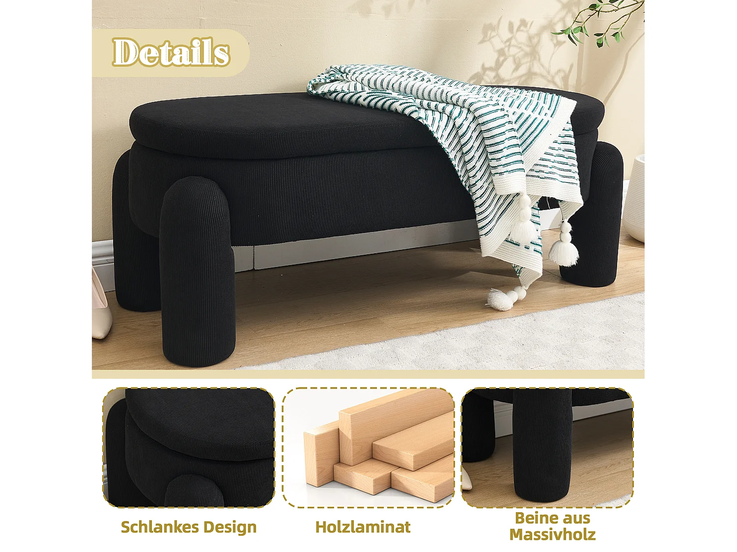 Pouf de Rangement - Banc Coffre en Velours Côtelé Noir - Style Contemporain et Multifonction pour Chambre et Salon