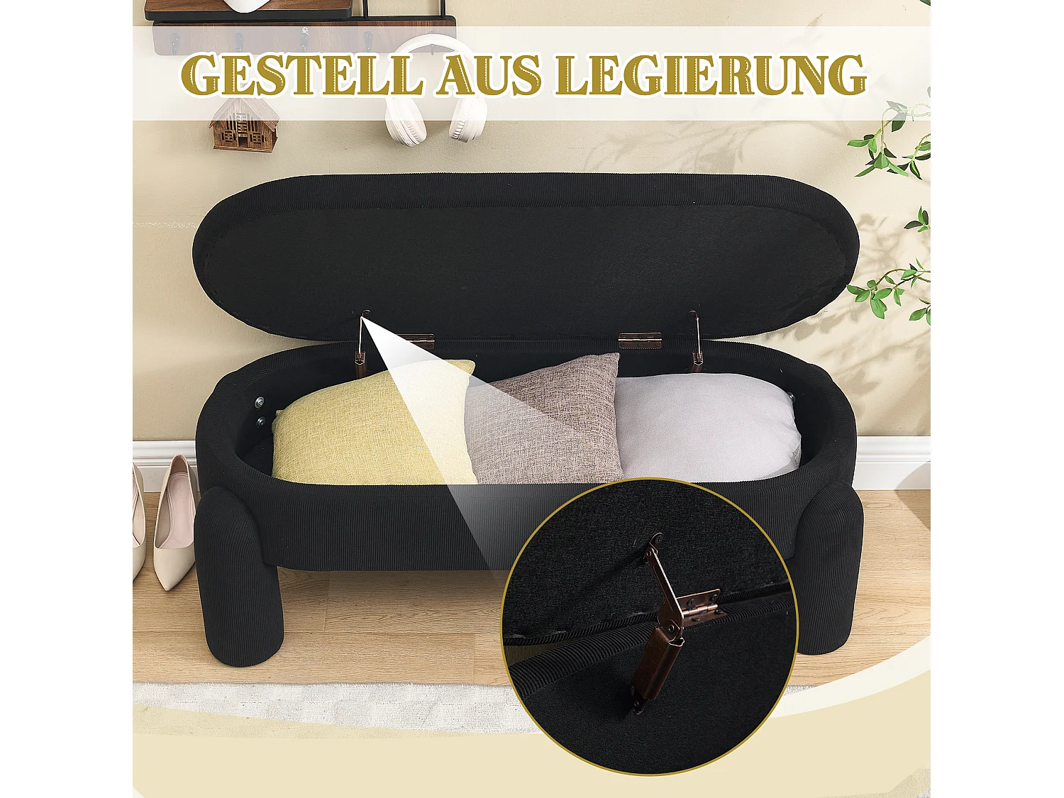 Pouf de Rangement - Banc Coffre en Velours Côtelé Noir - Style Contemporain et Multifonction pour Chambre et Salon