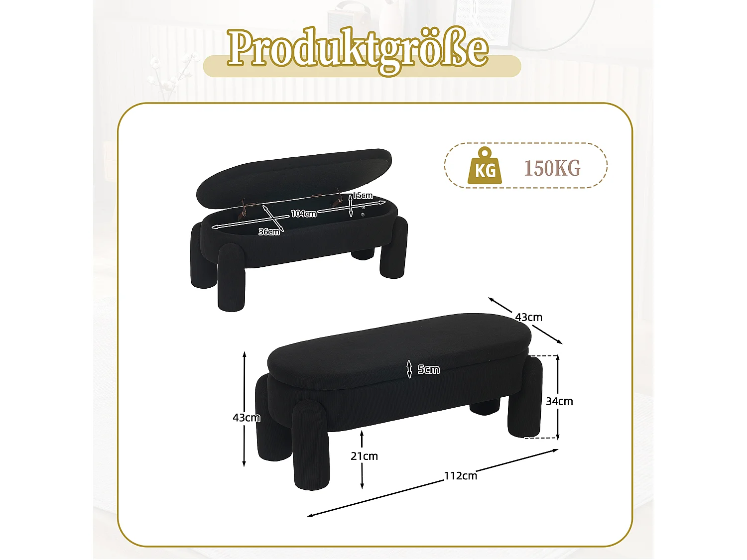 Pouf de Rangement - Banc Coffre en Velours Côtelé Noir - Style Contemporain et Multifonction pour Chambre et Salon