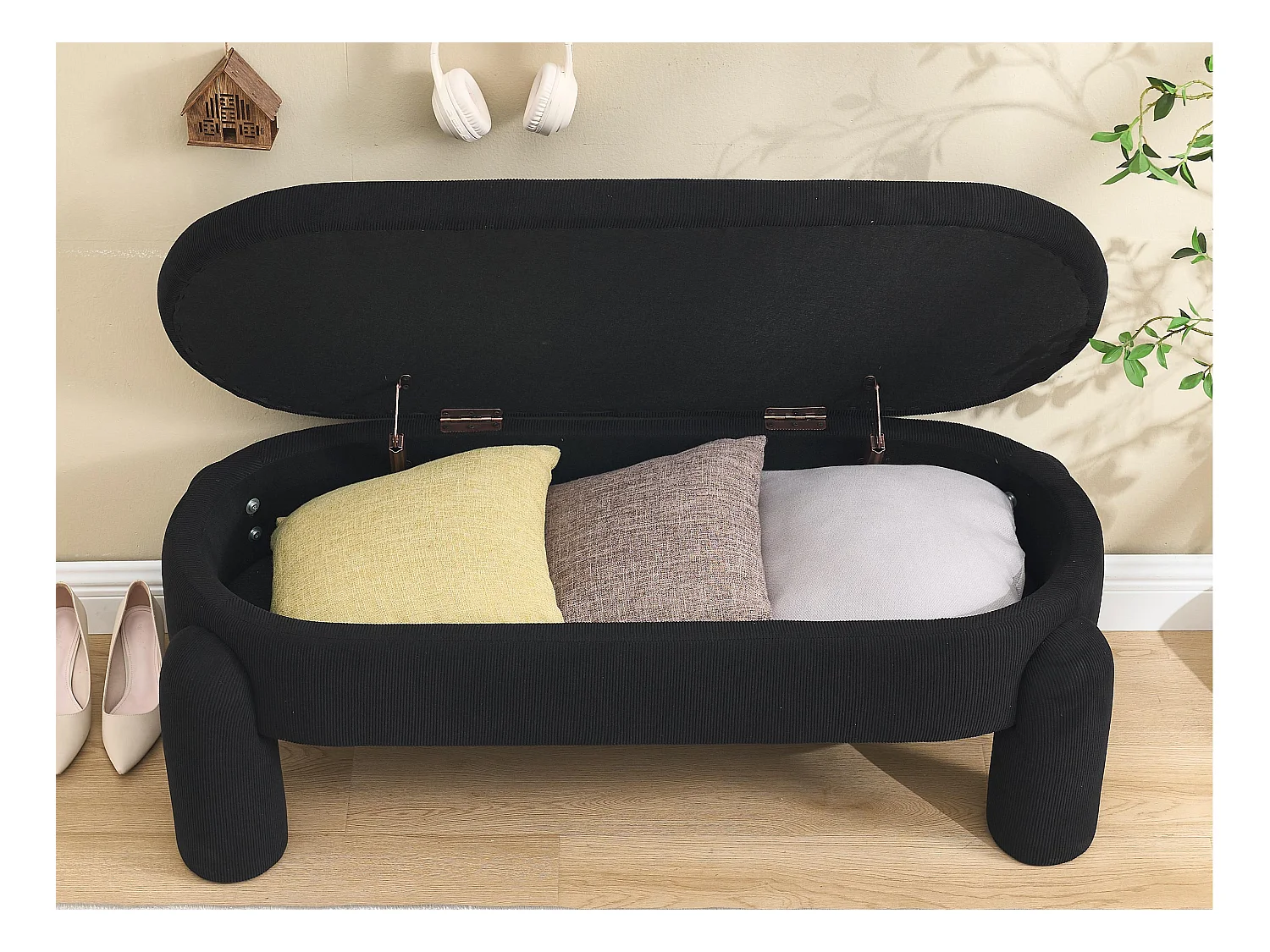 Pouf de Rangement - Banc Coffre en Velours Côtelé Noir - Style Contemporain et Multifonction pour Chambre et Salon