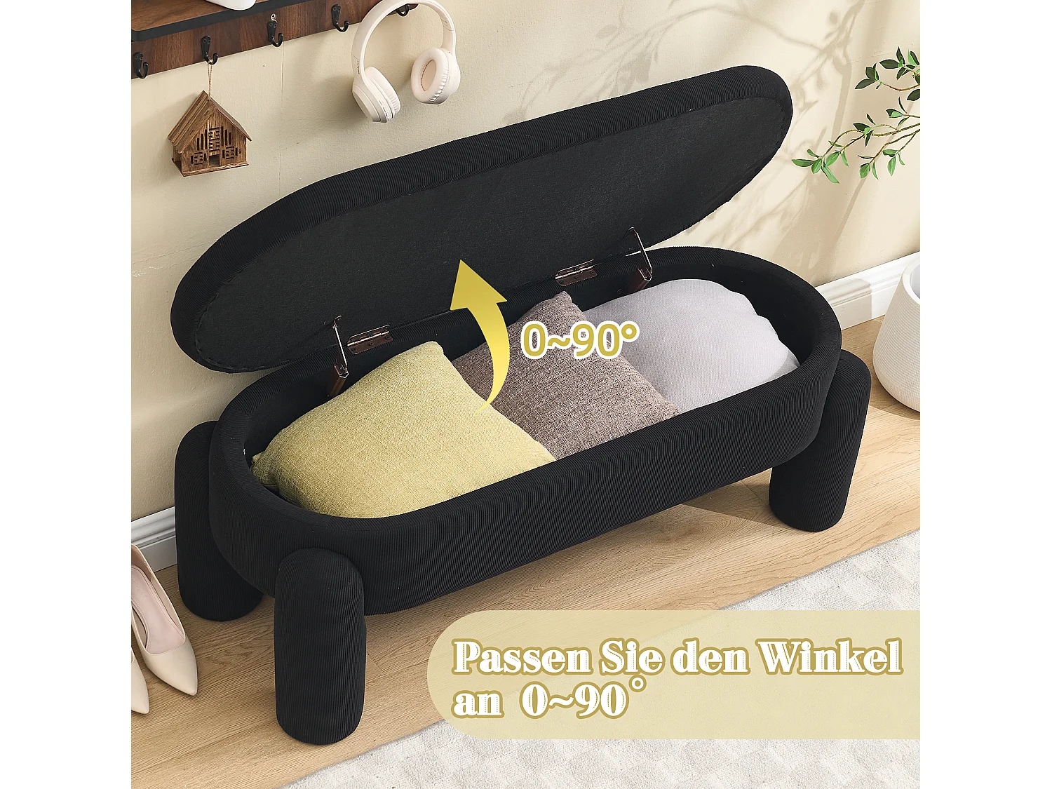 Pouf de Rangement - Banc Coffre en Velours Côtelé Noir - Style Contemporain et Multifonction pour Chambre et Salon