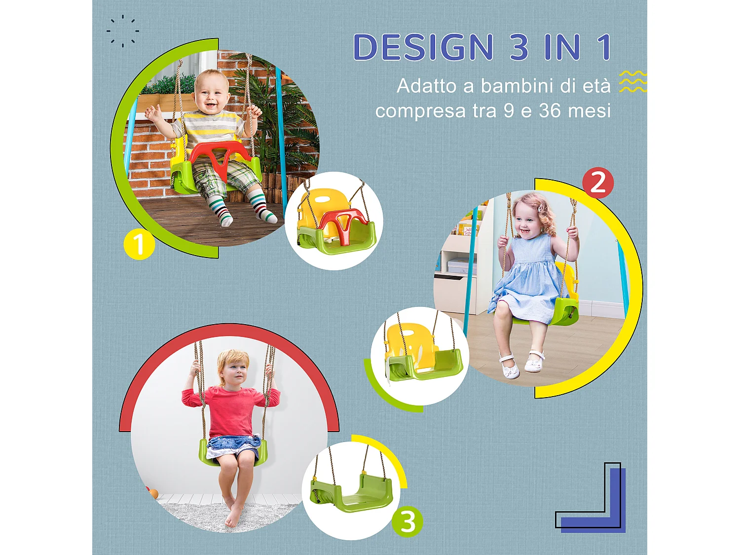 Altalena per bambini 9-36 mesi con corda regolabile in pp pe