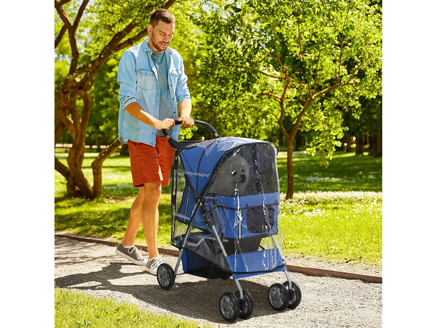 Passeggino per cani pieghevole con copertura antipioggia e freni blu