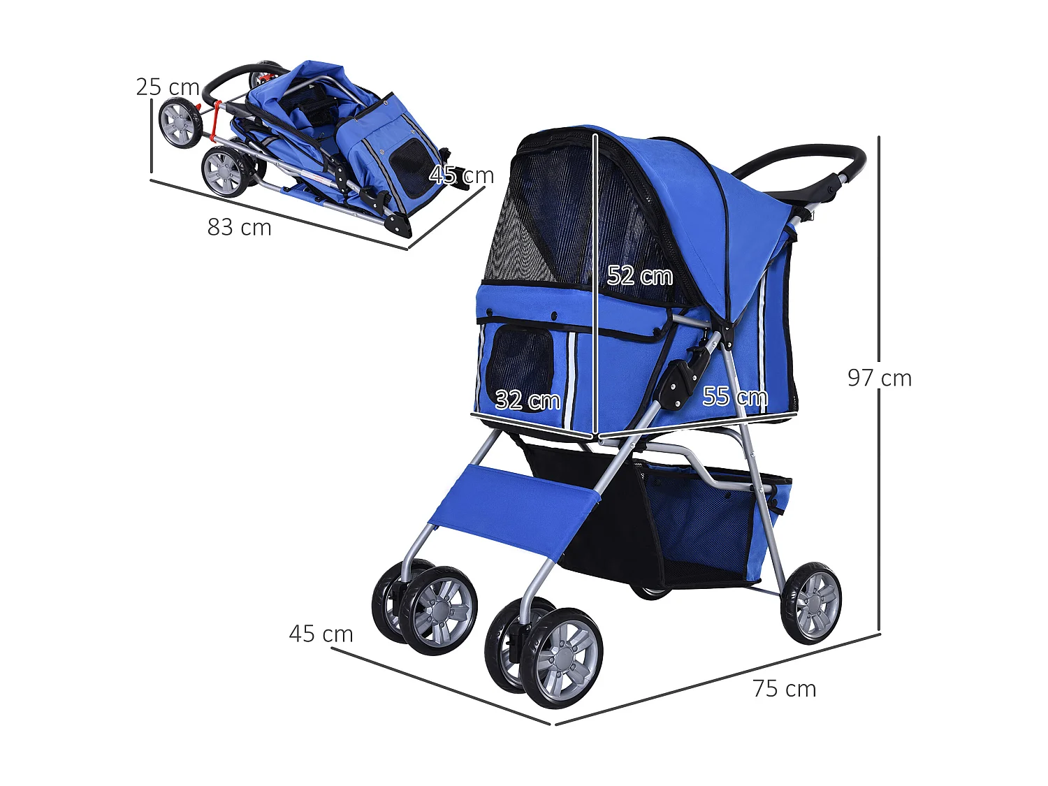 Passeggino per cani pieghevole con copertura antipioggia e freni blu