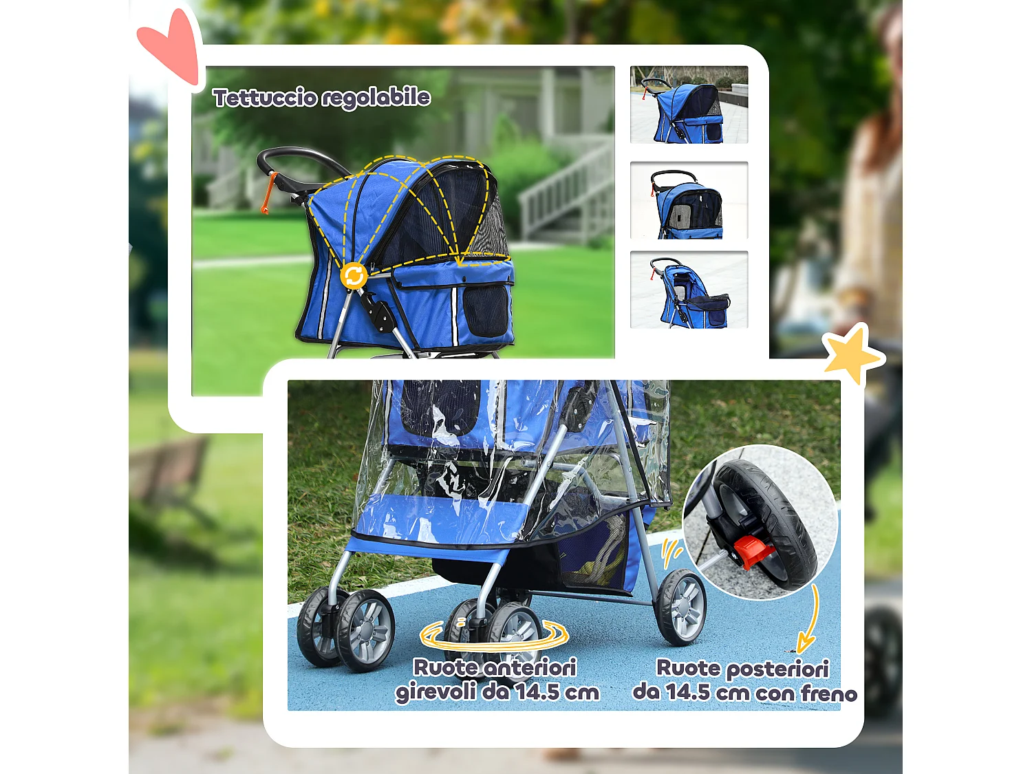 Passeggino per cani pieghevole con copertura antipioggia e freni blu