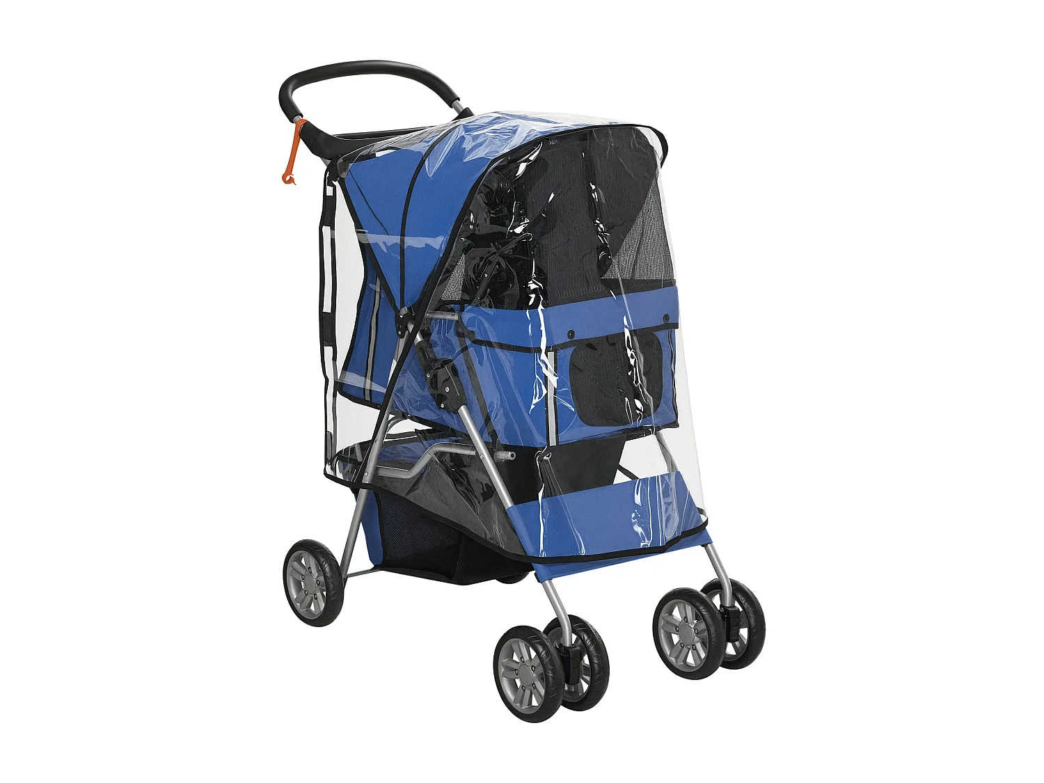 Passeggino per cani pieghevole con copertura antipioggia e freni blu