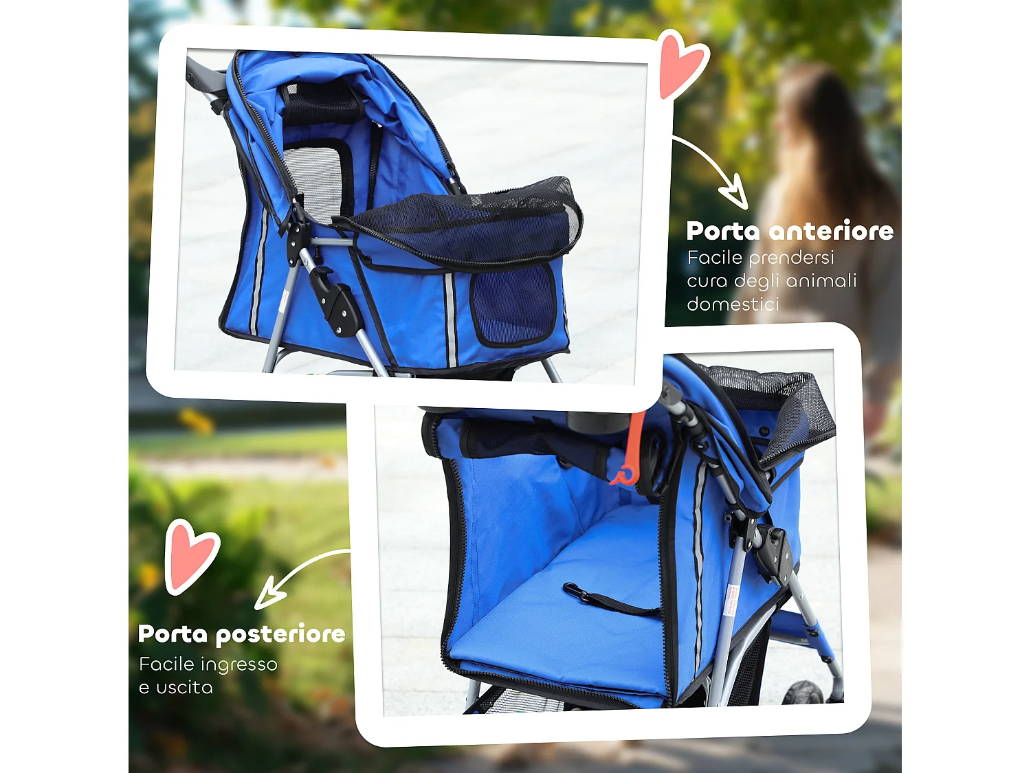 Passeggino per cani pieghevole con copertura antipioggia e freni blu