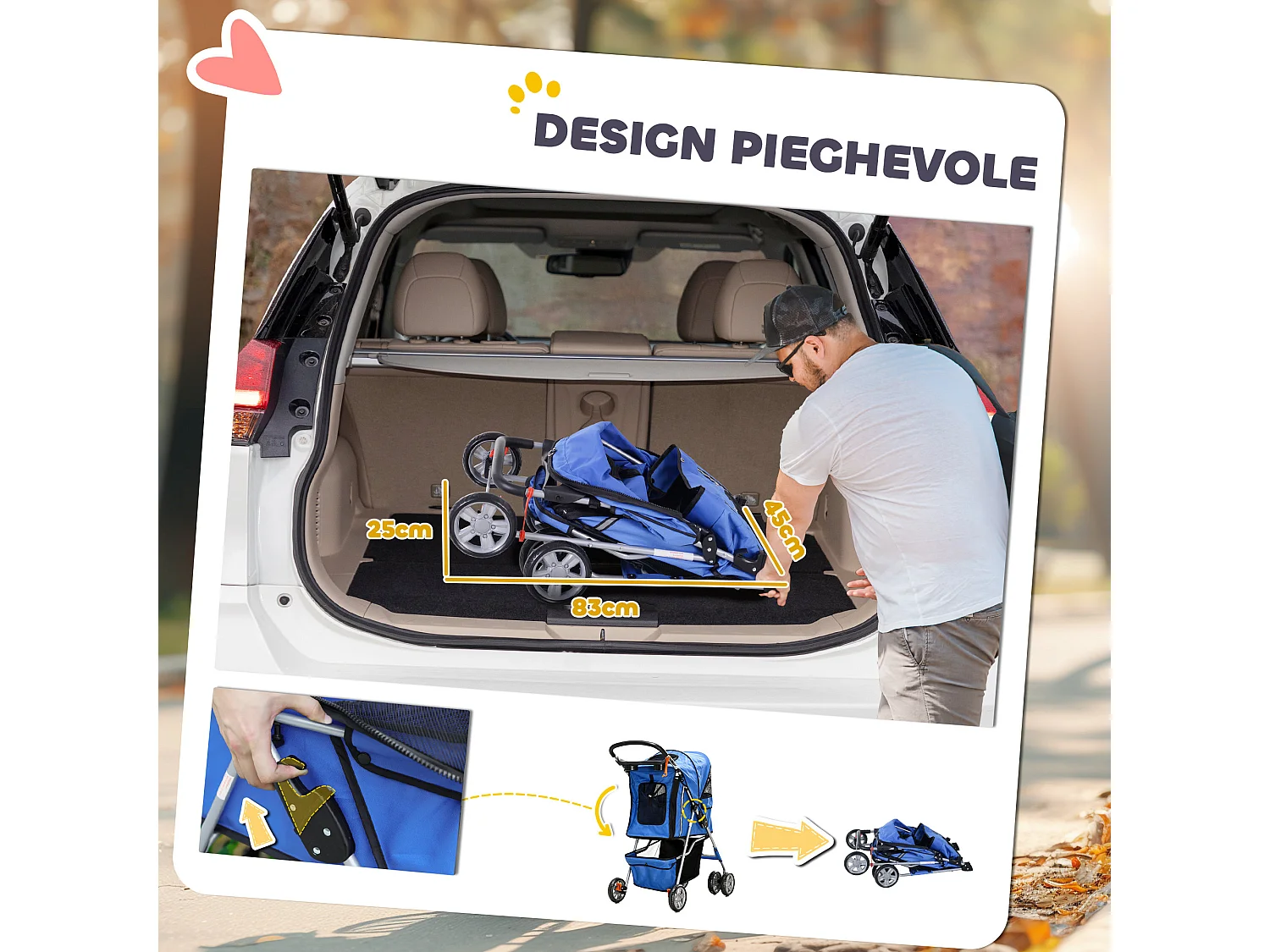 Passeggino per cani pieghevole con copertura antipioggia e freni blu