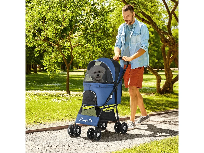 Passeggino per cani con cesto, cuscino e 2 guinzagli nero e blu scuro