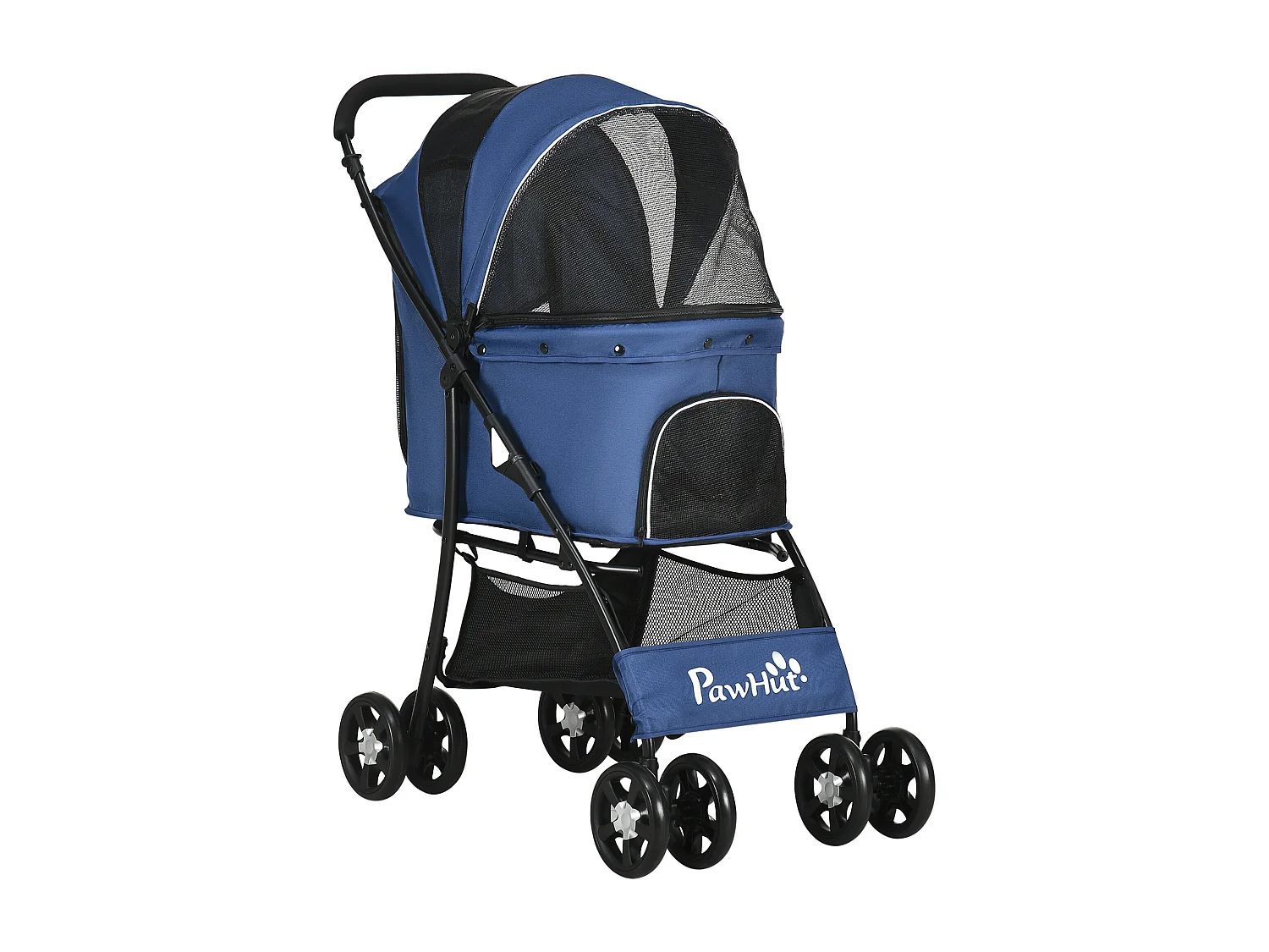 Passeggino per cani con cesto, cuscino e 2 guinzagli nero e blu scuro