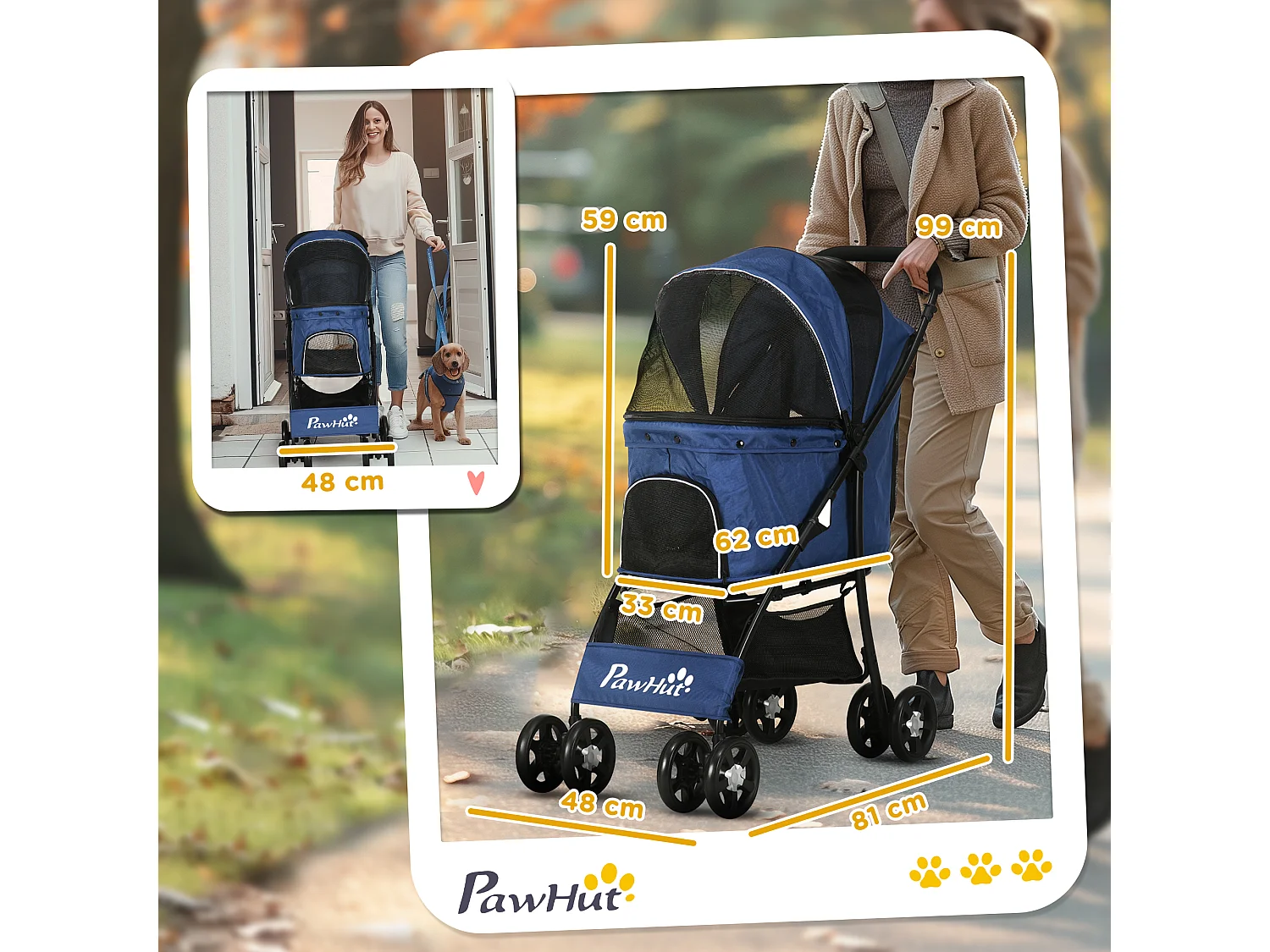 Passeggino per cani con cesto, cuscino e 2 guinzagli nero e blu scuro