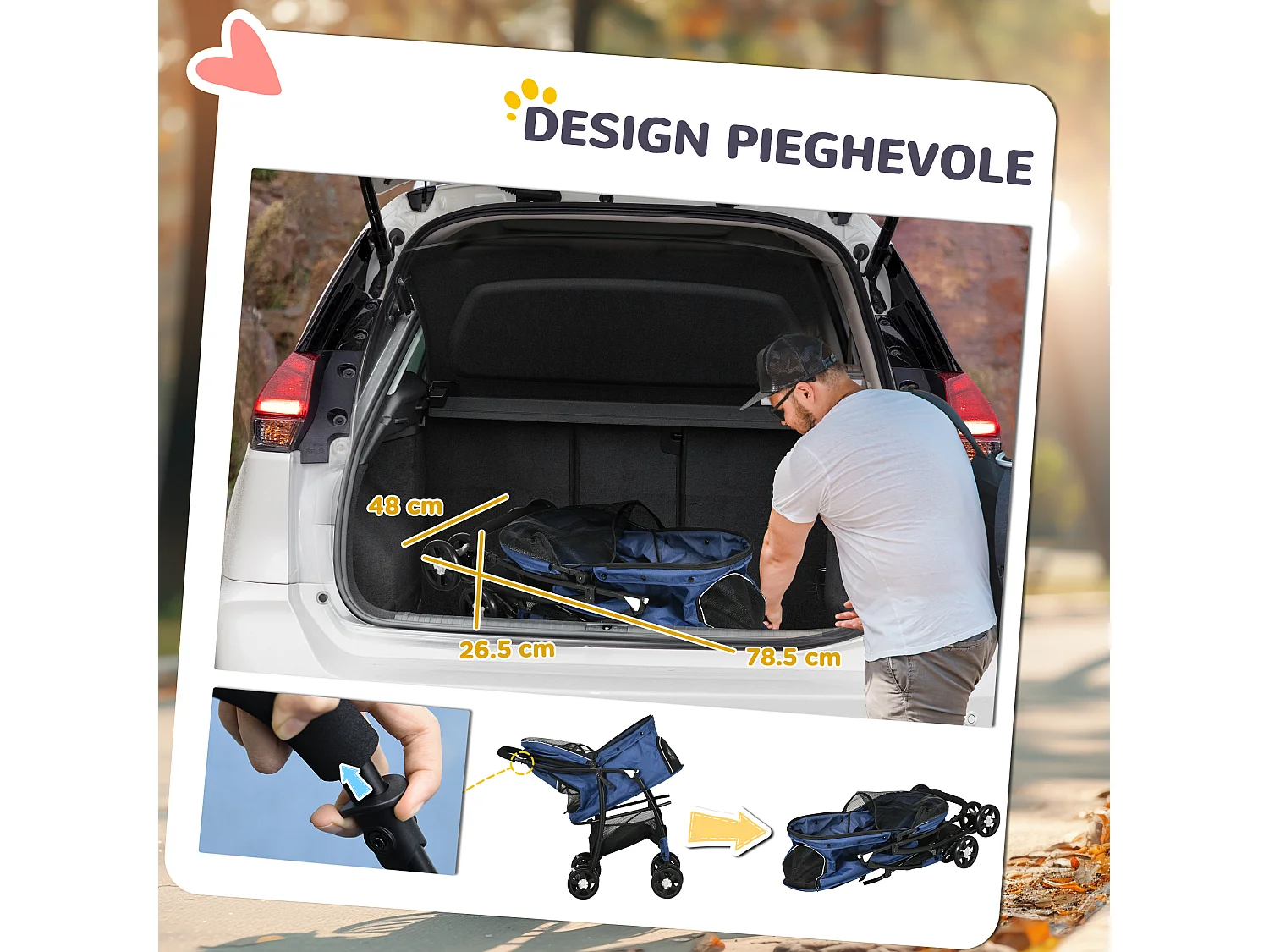 Passeggino per cani con cesto, cuscino e 2 guinzagli nero e blu scuro