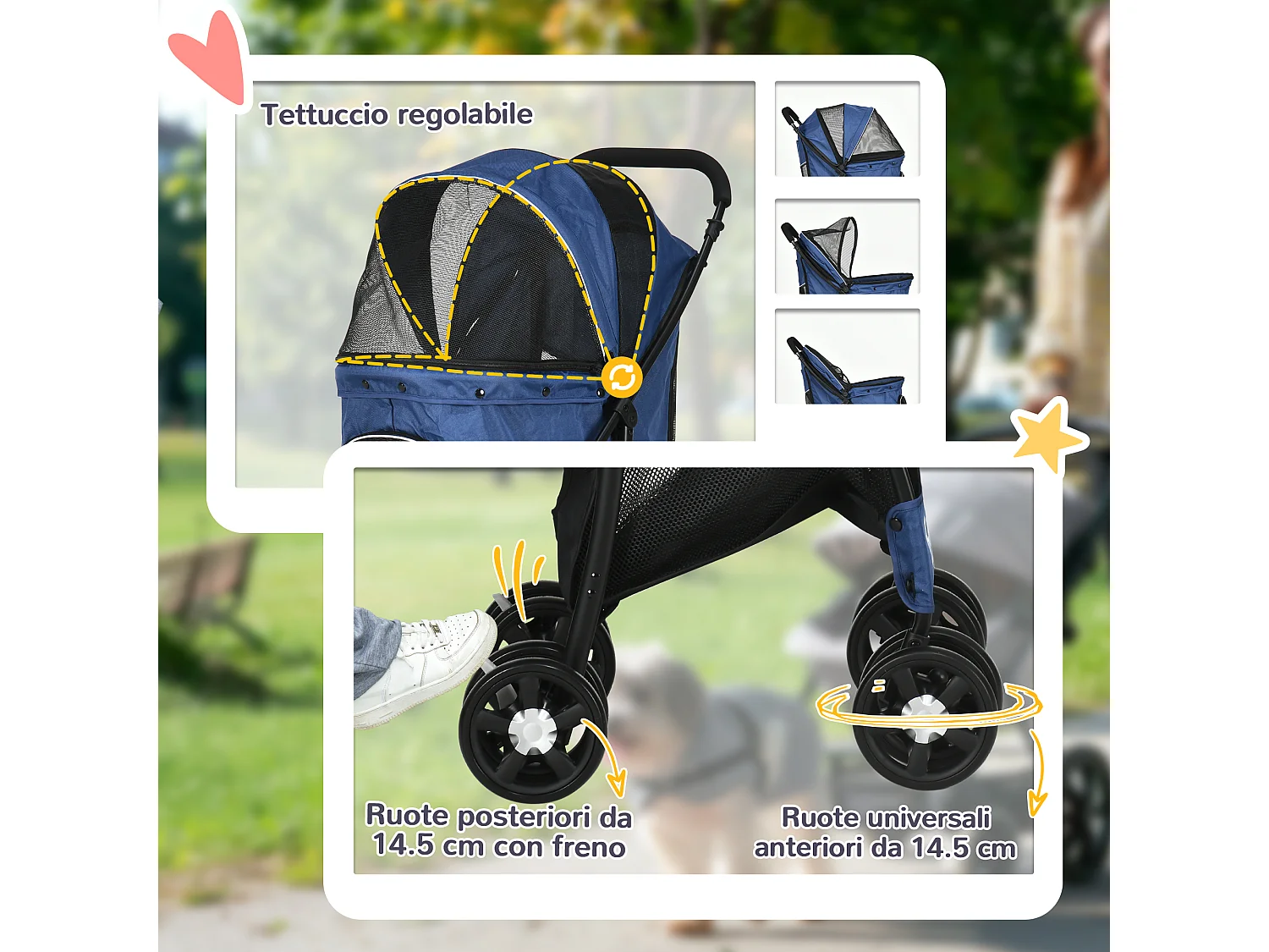 Passeggino per cani con cesto, cuscino e 2 guinzagli nero e blu scuro