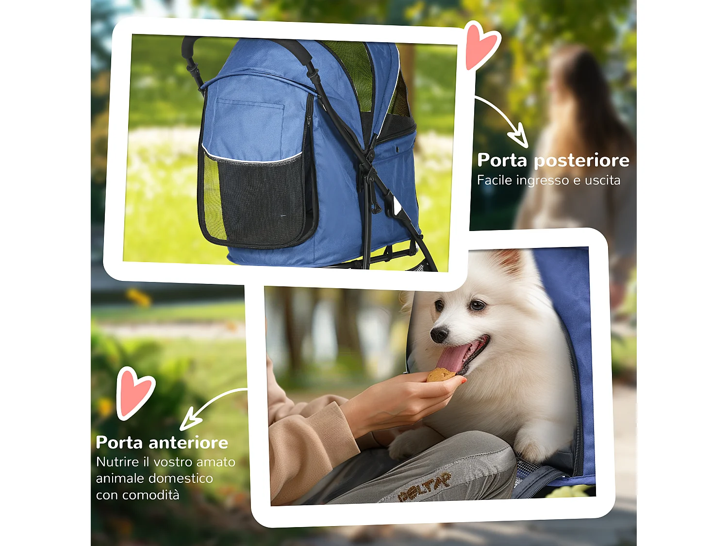 Passeggino per cani con cesto, cuscino e 2 guinzagli nero e blu scuro