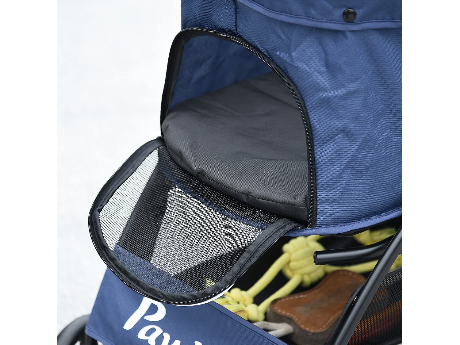 Passeggino per cani con cesto, cuscino e 2 guinzagli nero e blu scuro