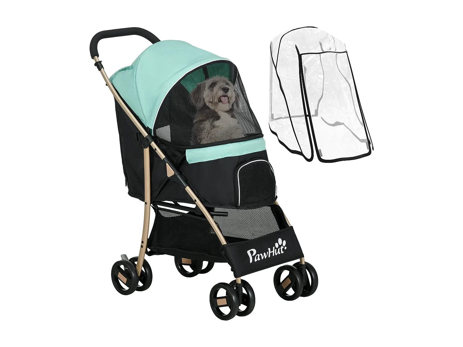 Passeggino cani pieghevole copertura antipioggia e guinzaglio verde