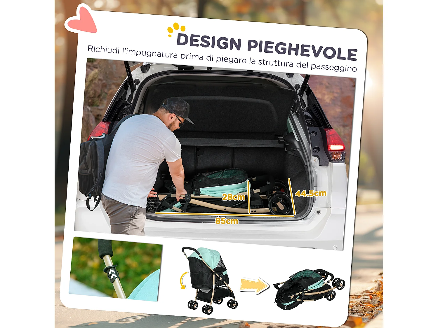 Passeggino cani pieghevole copertura antipioggia e guinzaglio verde