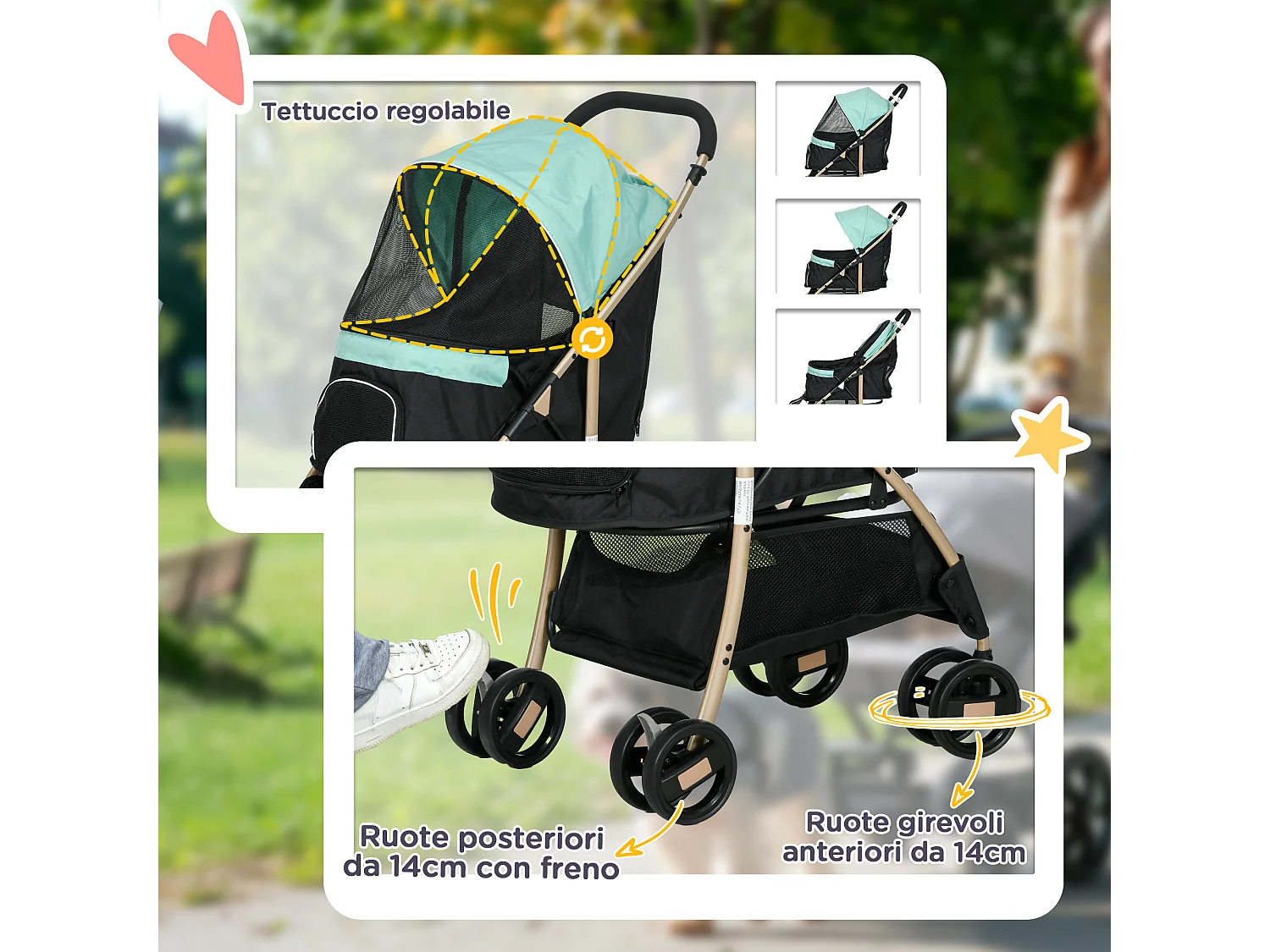 Passeggino cani pieghevole copertura antipioggia e guinzaglio verde