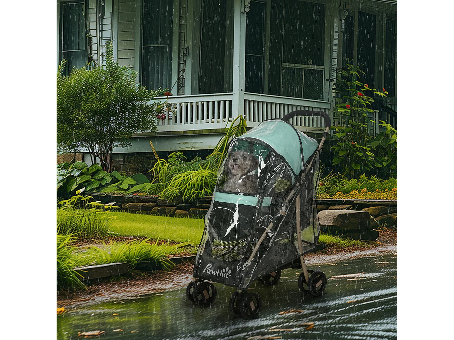 Passeggino cani pieghevole copertura antipioggia e guinzaglio verde