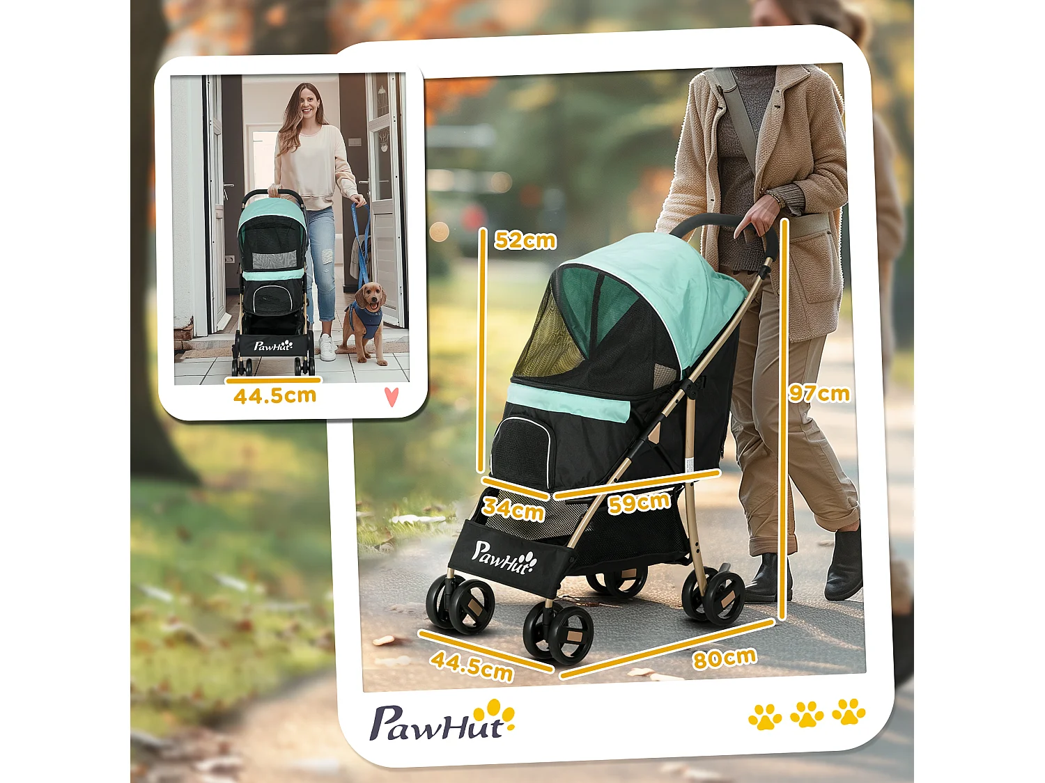 Passeggino cani pieghevole copertura antipioggia e guinzaglio verde