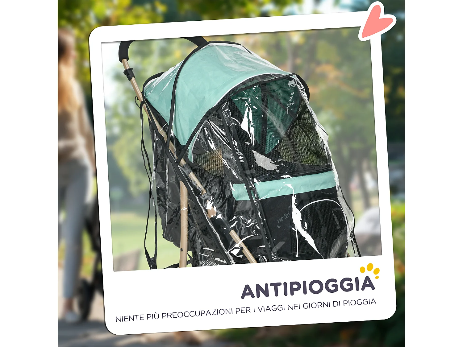 Passeggino cani pieghevole copertura antipioggia e guinzaglio verde
