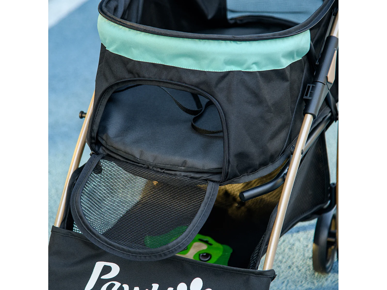 Passeggino cani pieghevole copertura antipioggia e guinzaglio verde