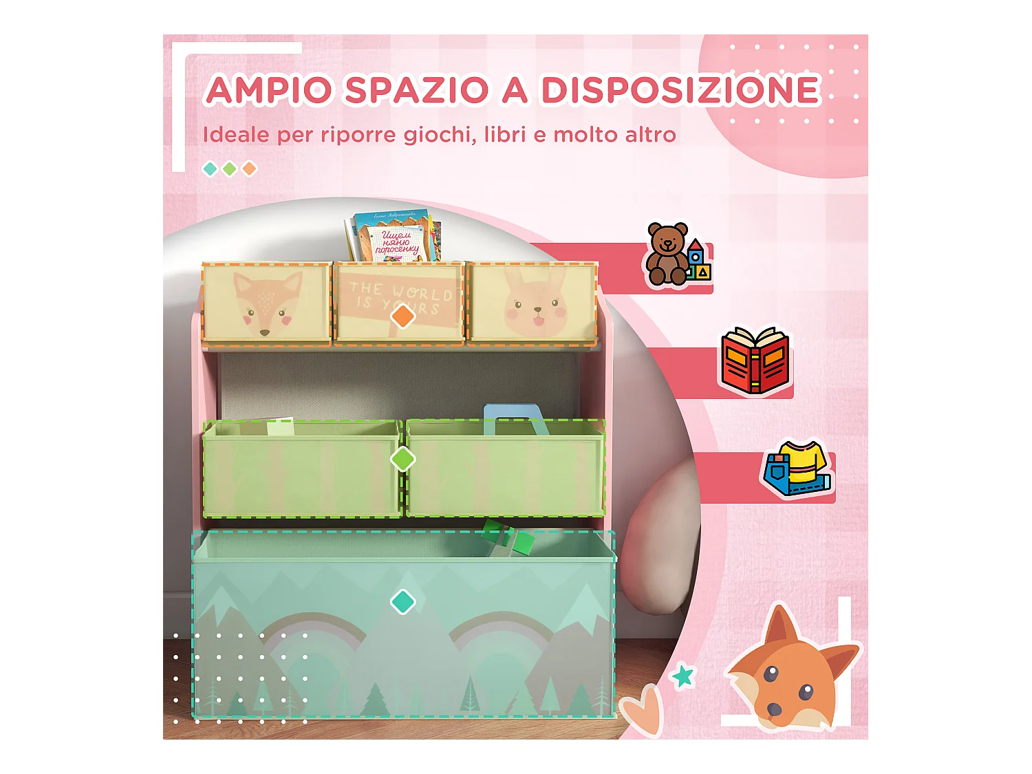 Scaffale portagiochi con 6 contenitori in tessuto rosa