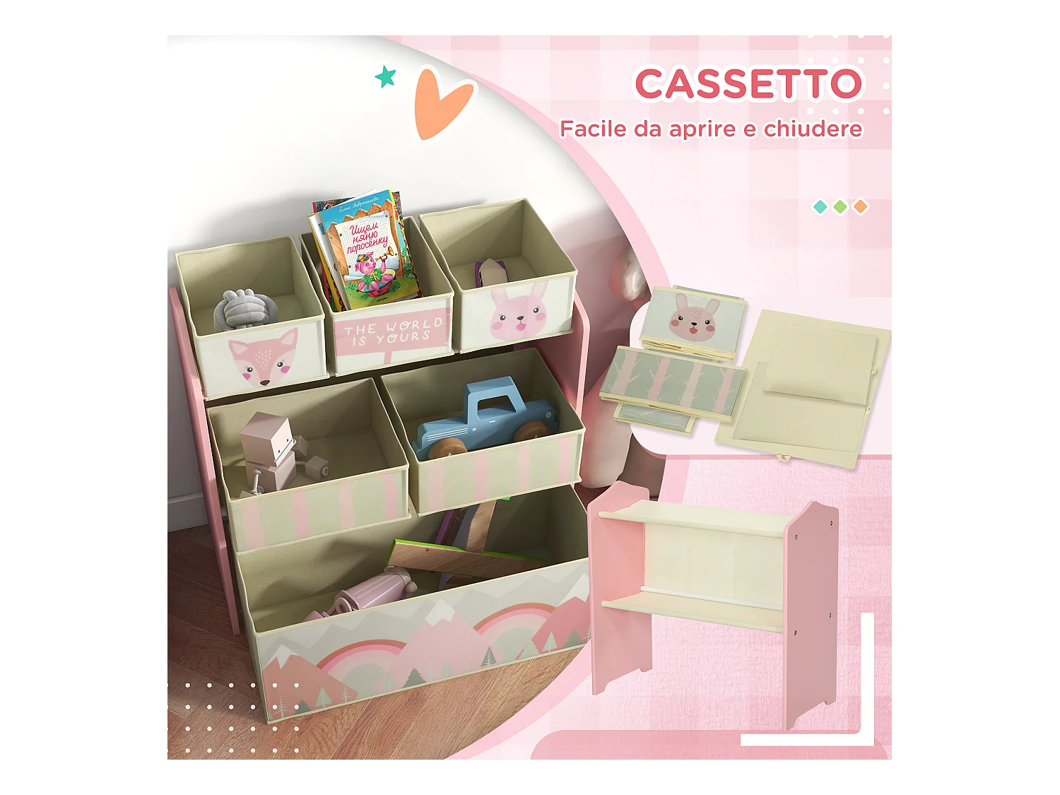Scaffale portagiochi con 6 contenitori in tessuto rosa