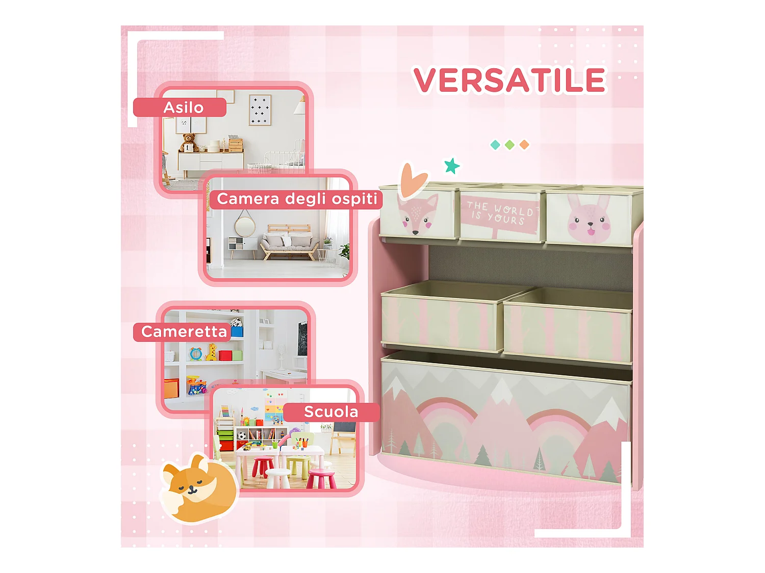 Scaffale portagiochi con 6 contenitori in tessuto rosa