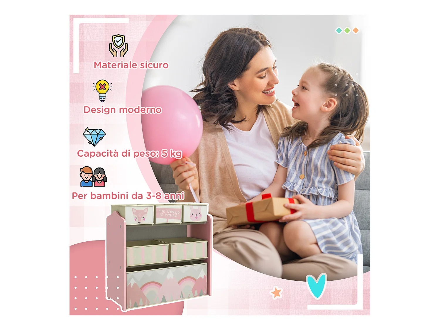 Scaffale portagiochi con 6 contenitori in tessuto rosa