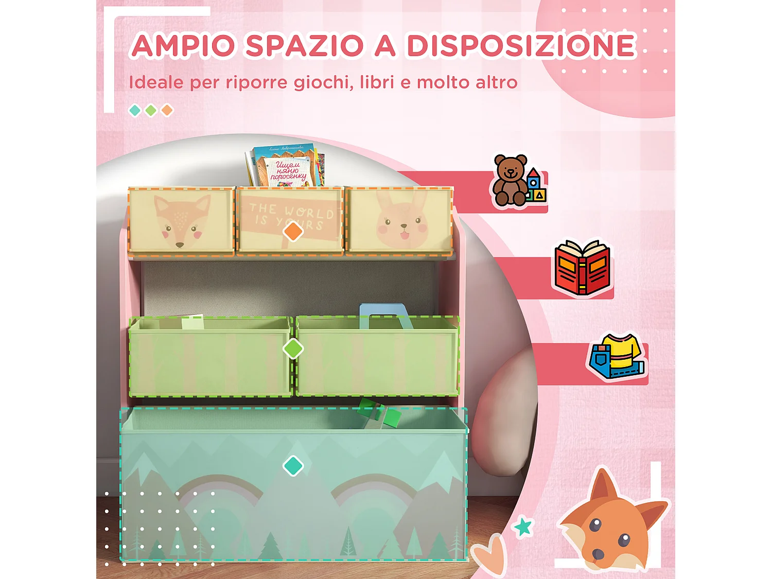 Scaffale portagiochi con 6 contenitori in tessuto rosa