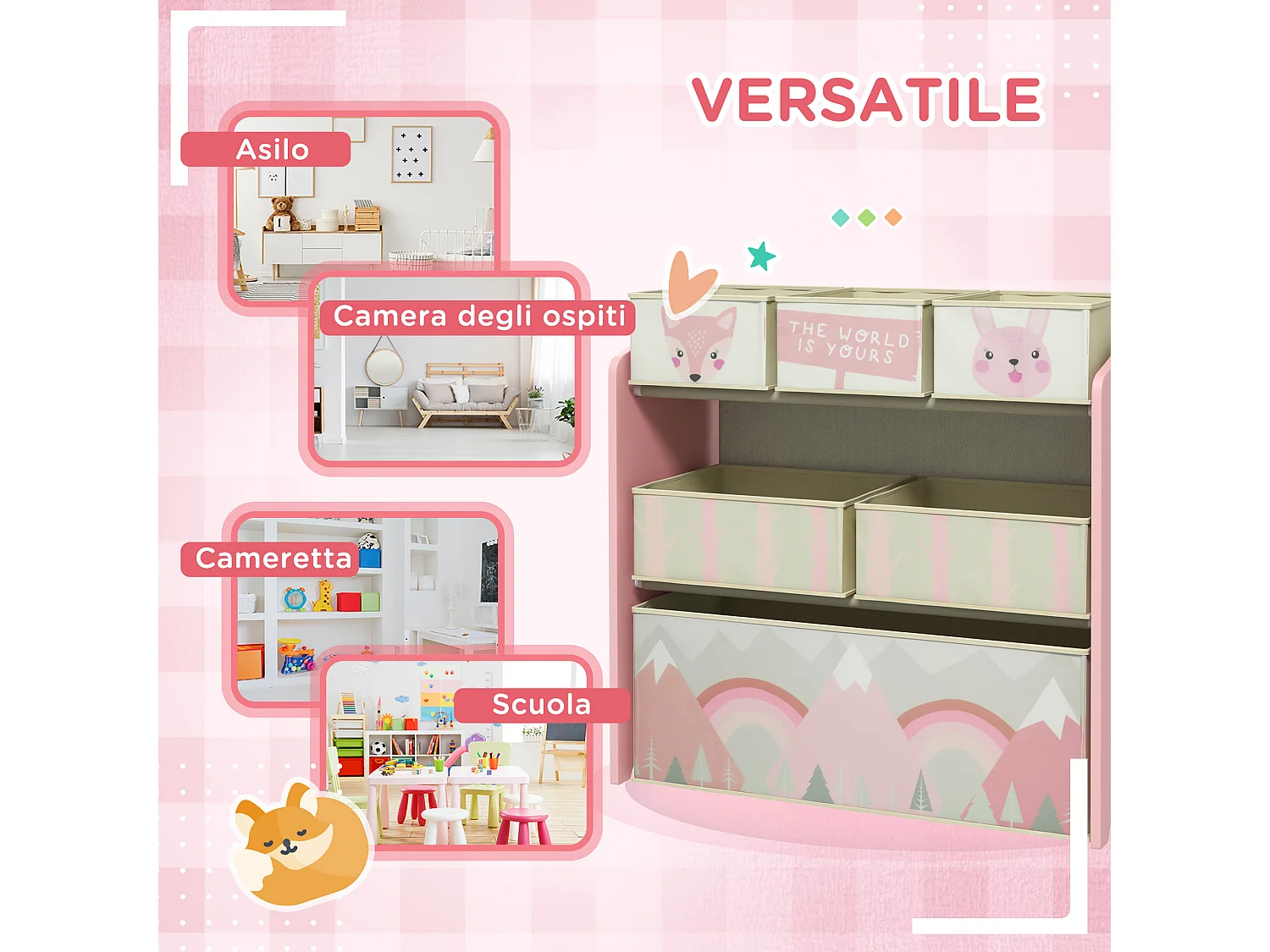 Scaffale portagiochi con 6 contenitori in tessuto rosa