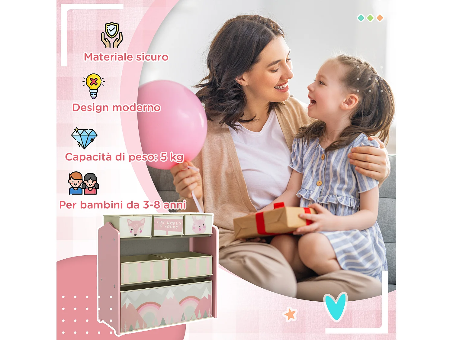 Scaffale portagiochi con 6 contenitori in tessuto rosa