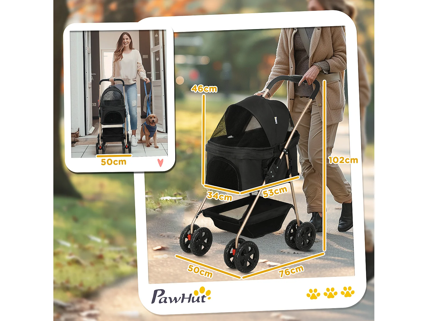 Passeggino per cani 3 in 1 pieghevole con trasportino e cestino nero