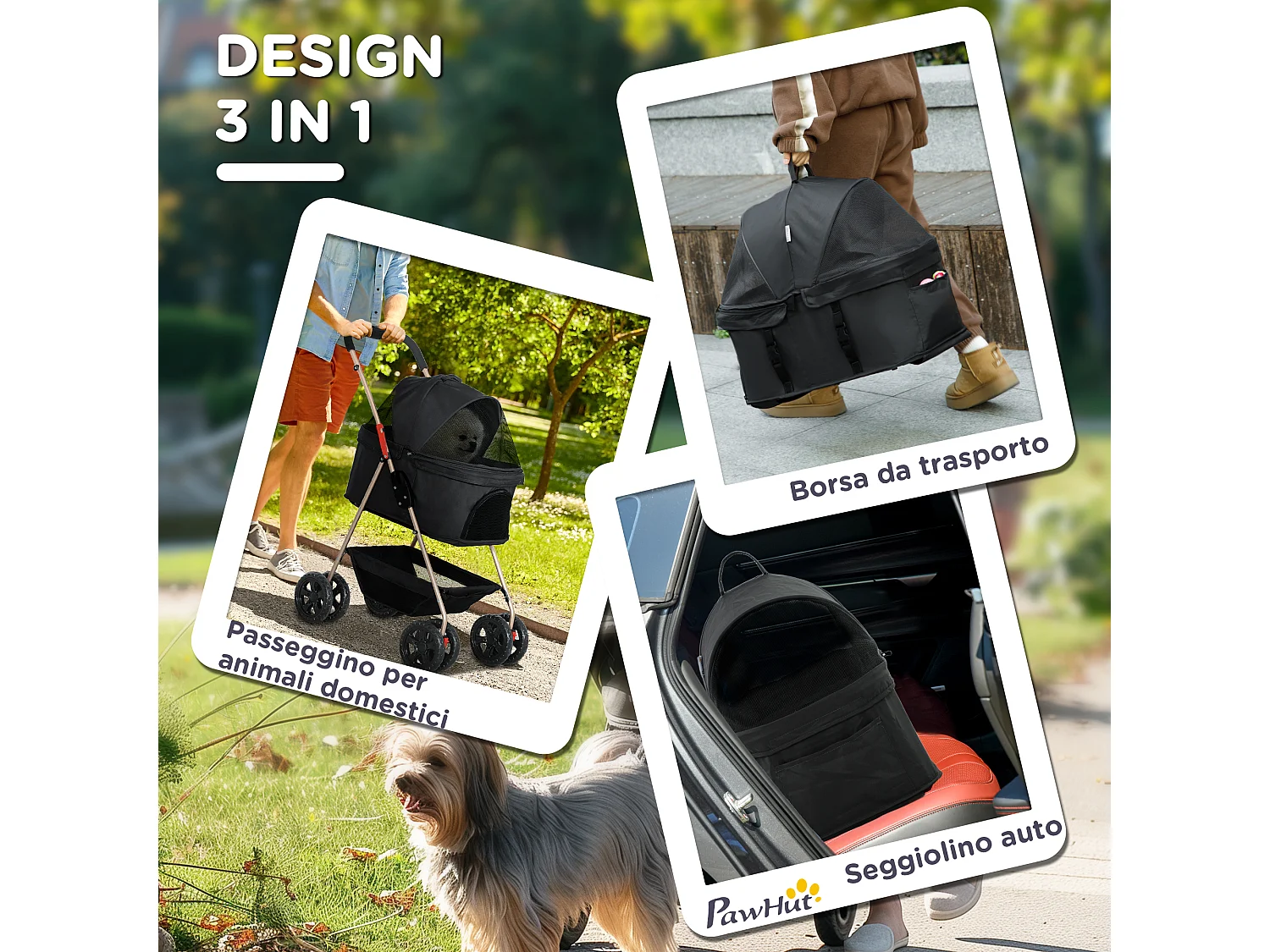 Passeggino per cani 3 in 1 pieghevole con trasportino e cestino nero