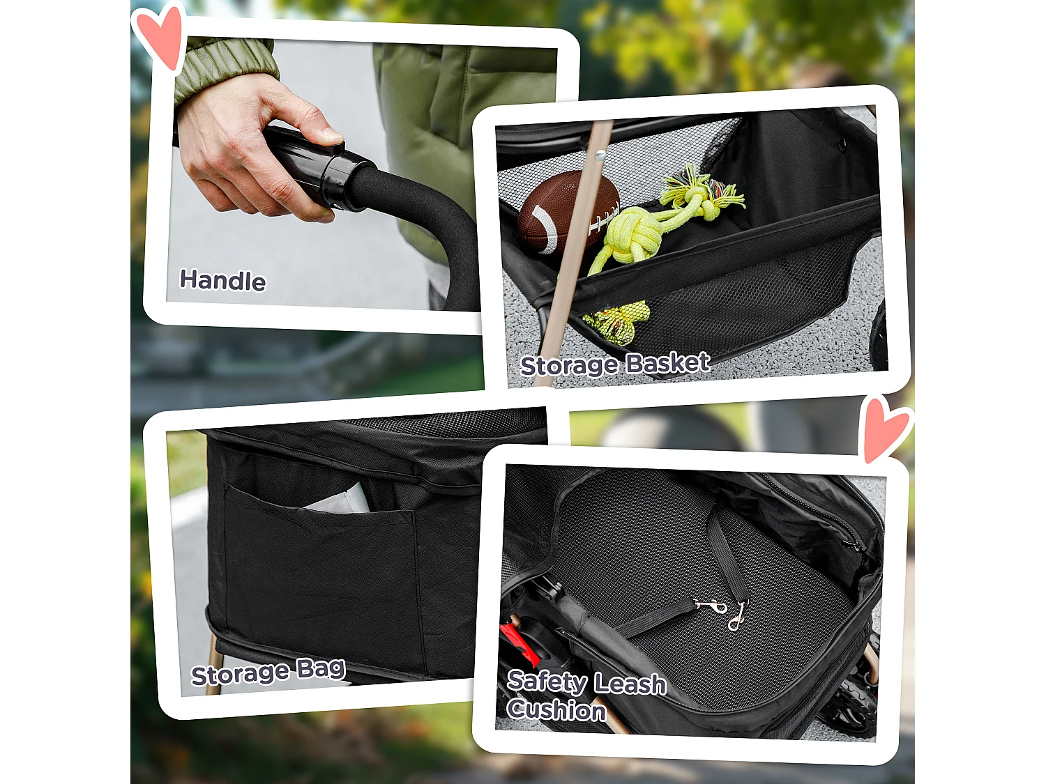 Passeggino per cani 3 in 1 pieghevole con trasportino e cestino nero