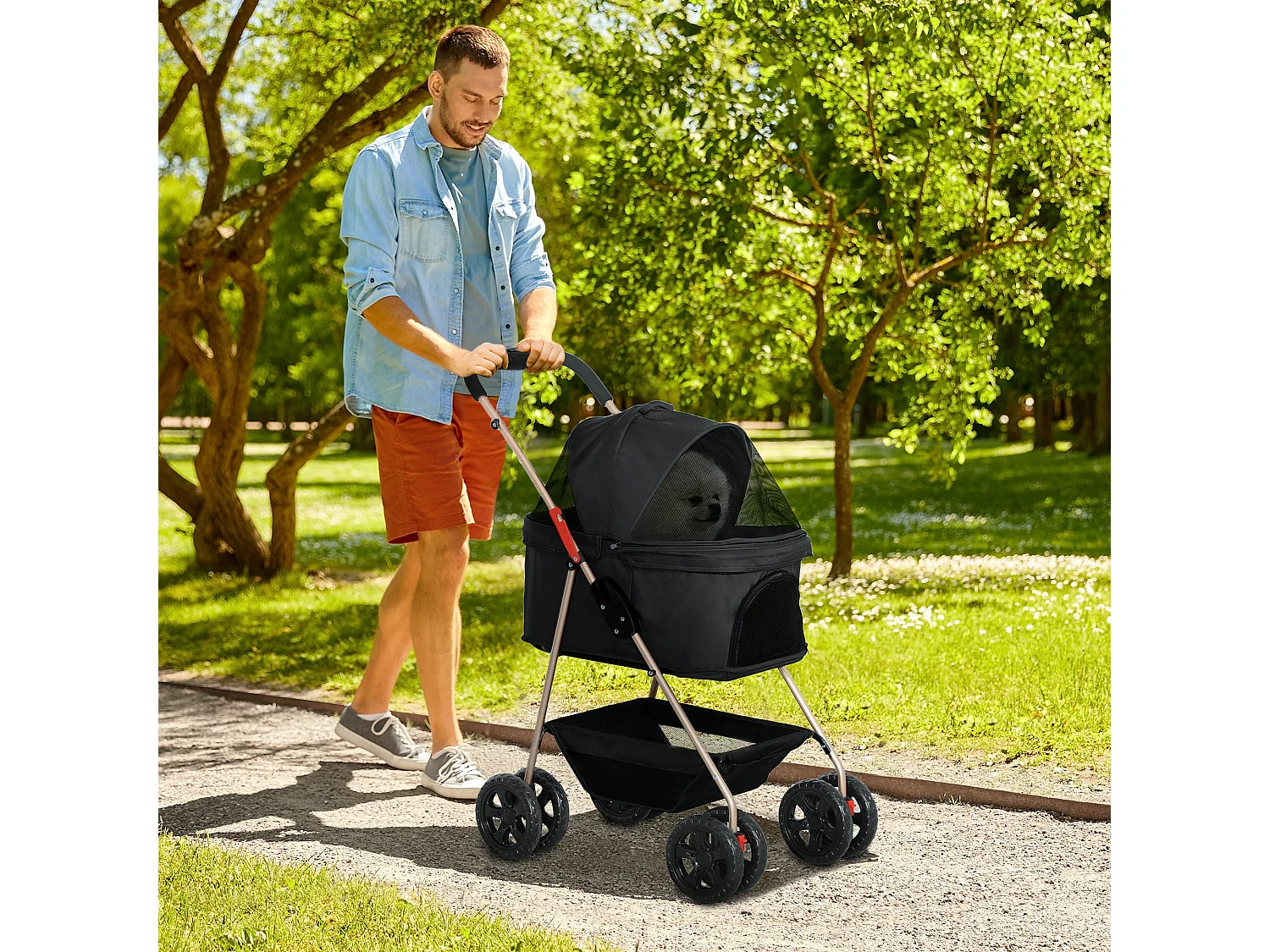 Passeggino per cani 3 in 1 pieghevole con trasportino e cestino nero