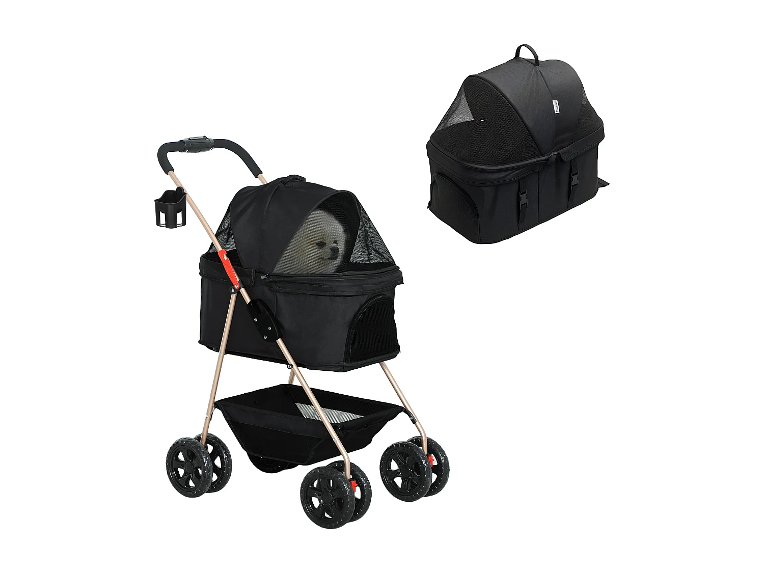 Passeggino per cani 3 in 1 pieghevole con trasportino e cestino nero