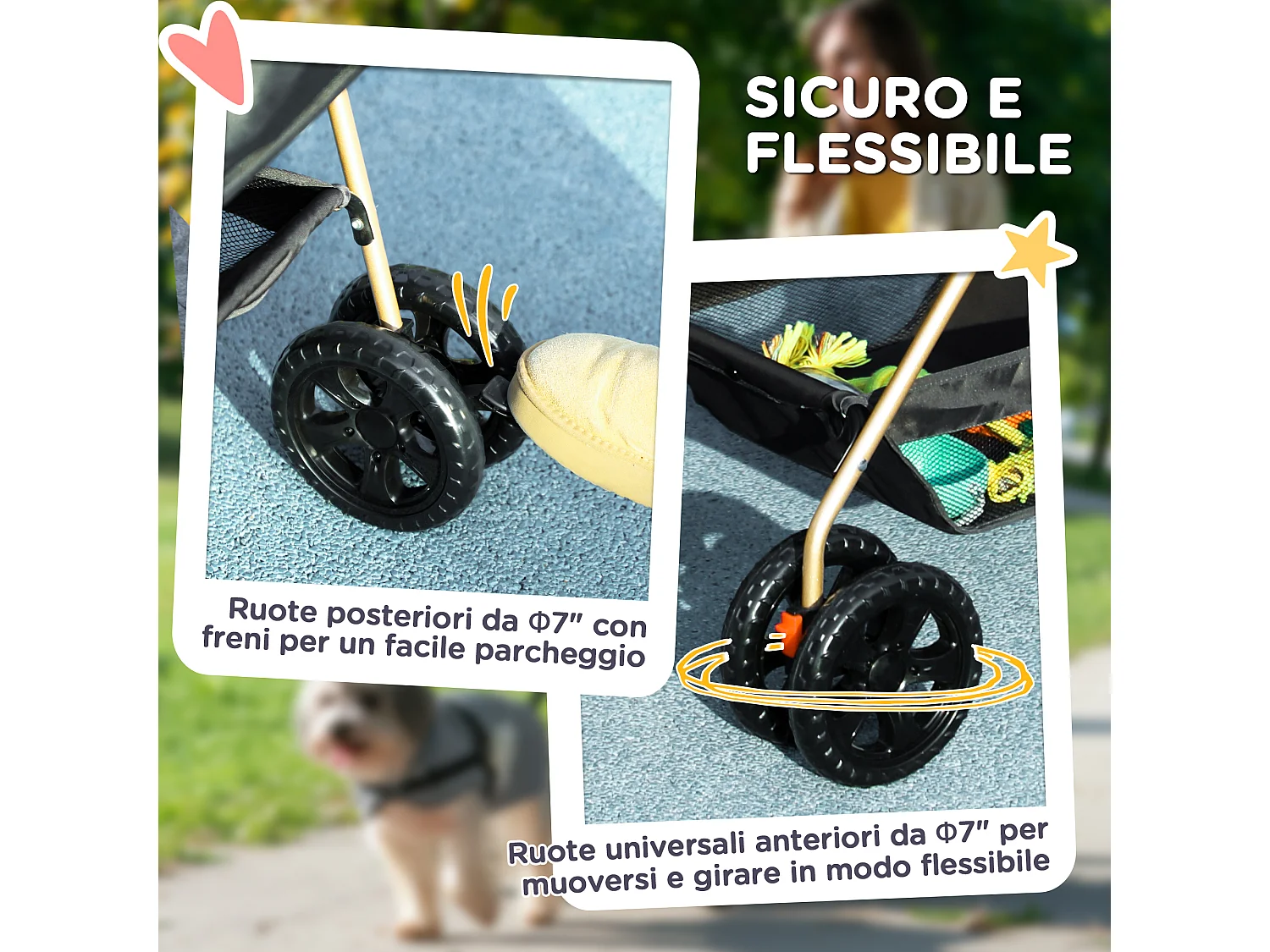 Passeggino per cani 3 in 1 pieghevole con trasportino e cestino nero