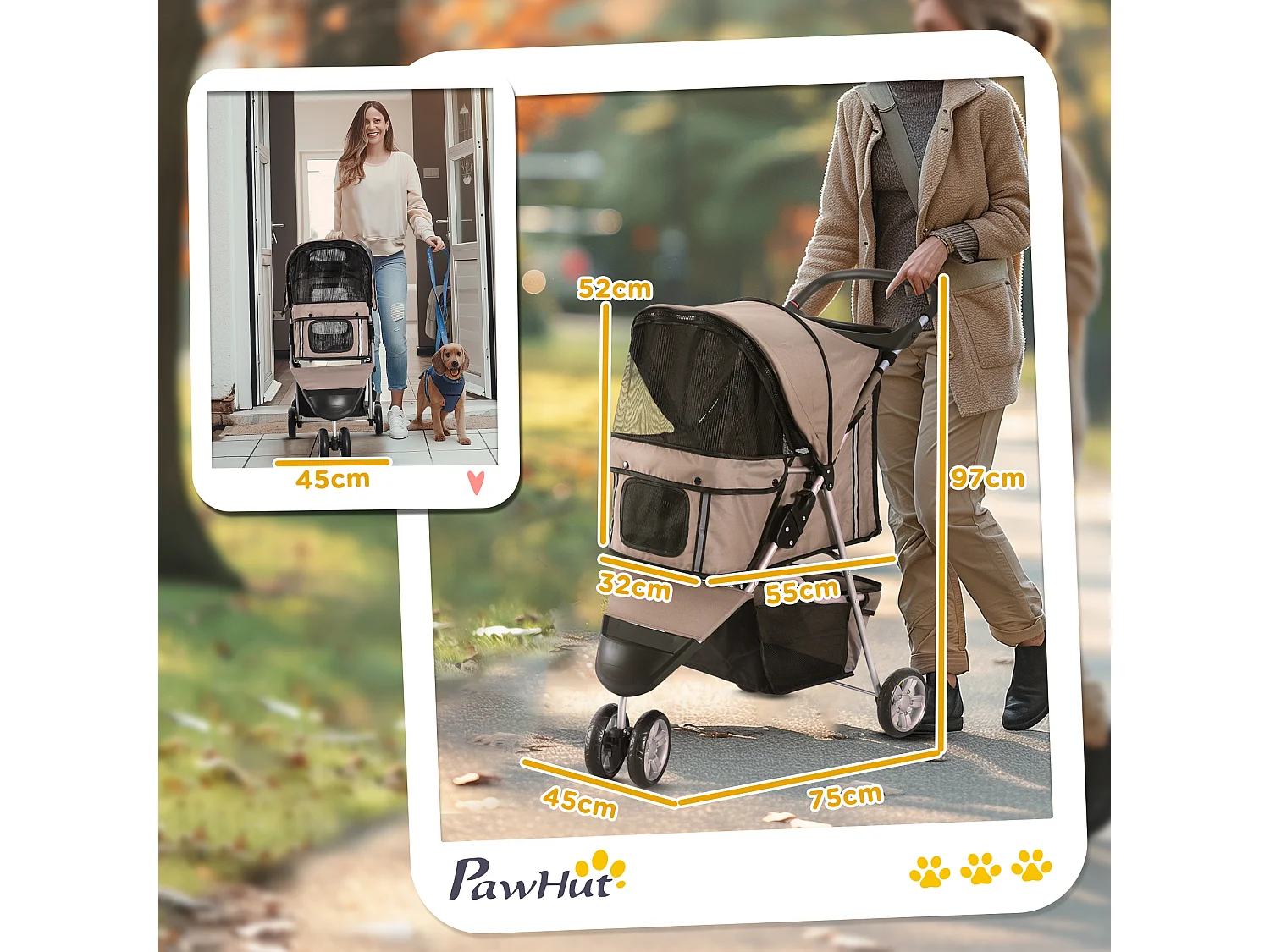 Passeggino per cani e gatti con ruote girevoli 75x45x97cm caffè
