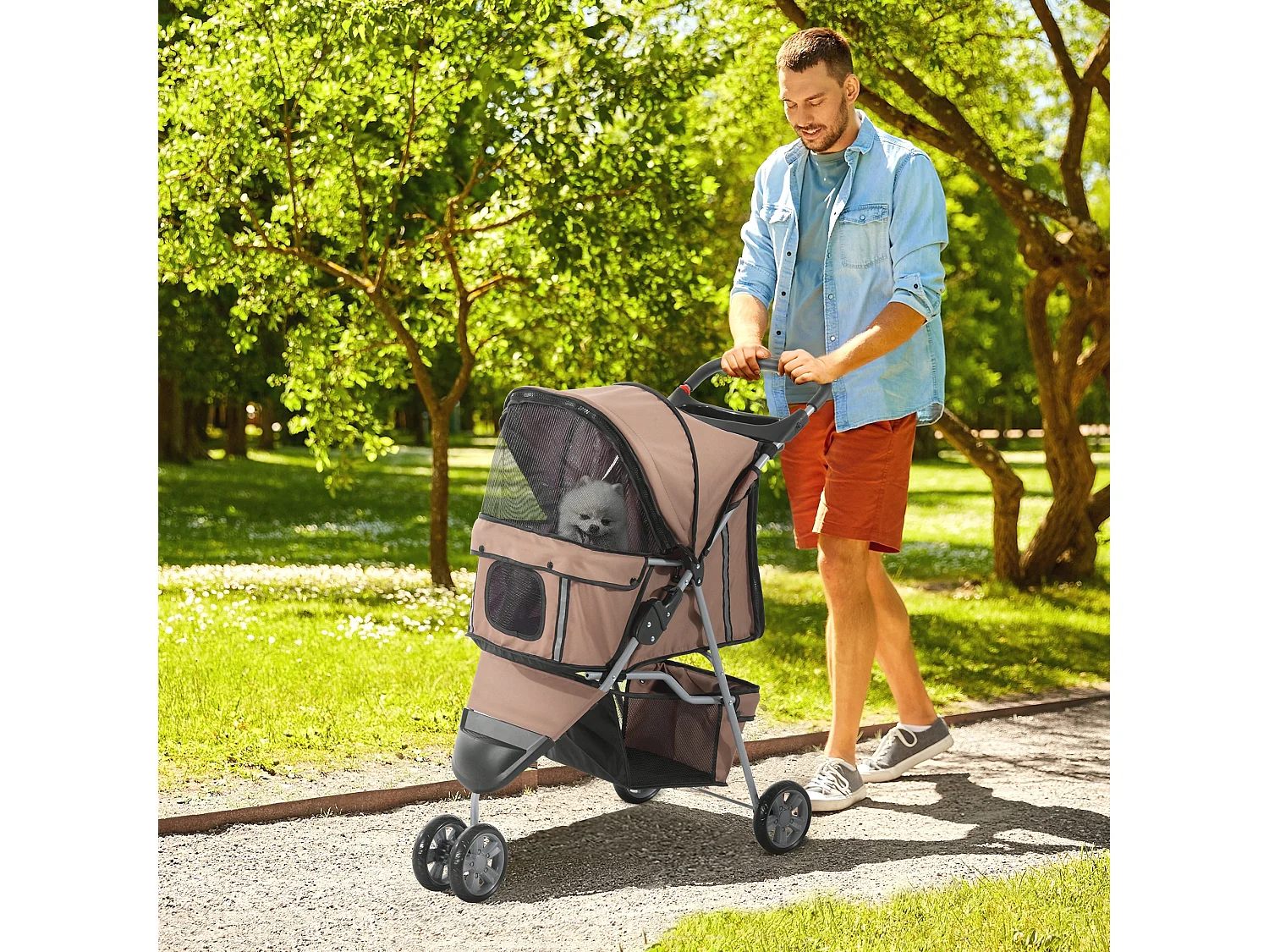 Passeggino per cani e gatti con ruote girevoli 75x45x97cm caffè