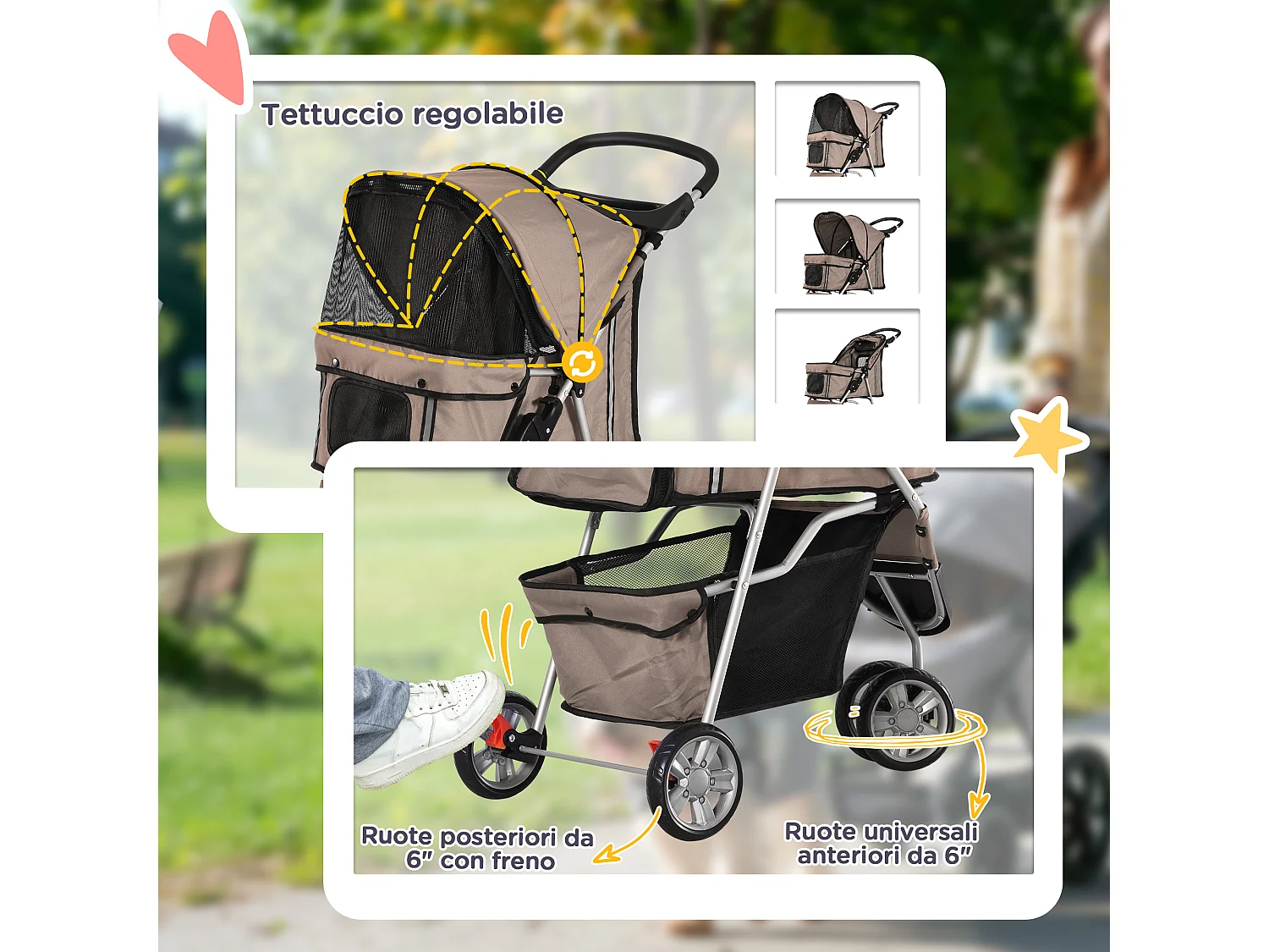 Passeggino per cani e gatti con ruote girevoli 75x45x97cm caffè