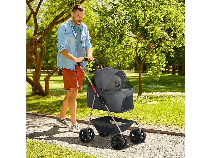 Passeggino per cani 3 in 1 pieghevole con trasportino e cestino grigio