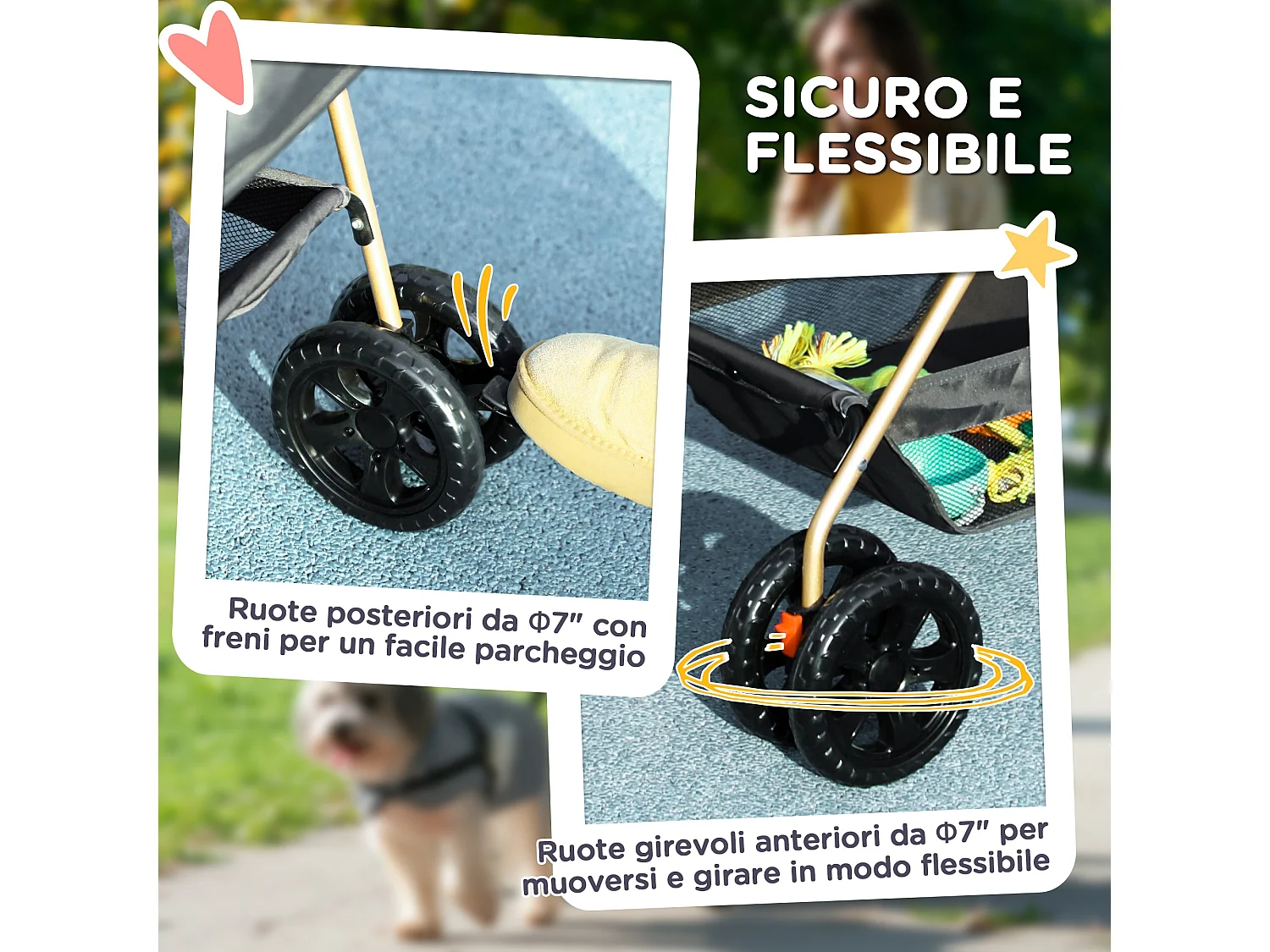 Passeggino per cani 3 in 1 pieghevole con trasportino e cestino grigio